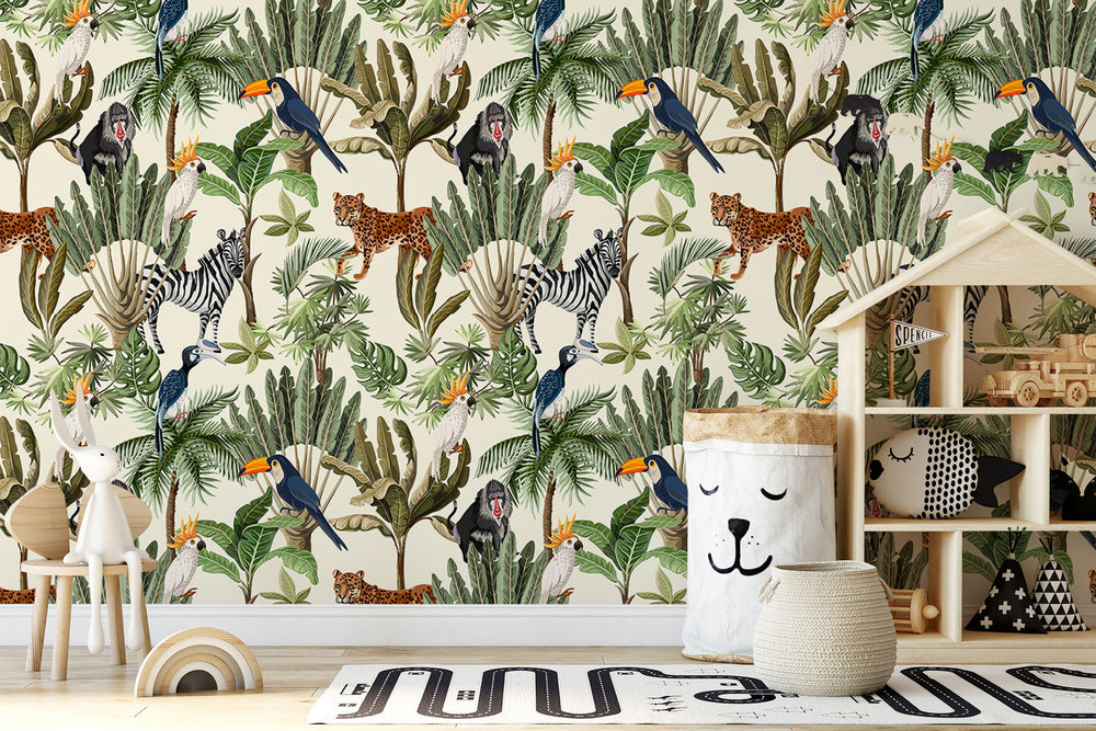 Playful Jungle Animals Watercolor Peel and Stick Wallpaper for Nursery and Kids' Room Decor