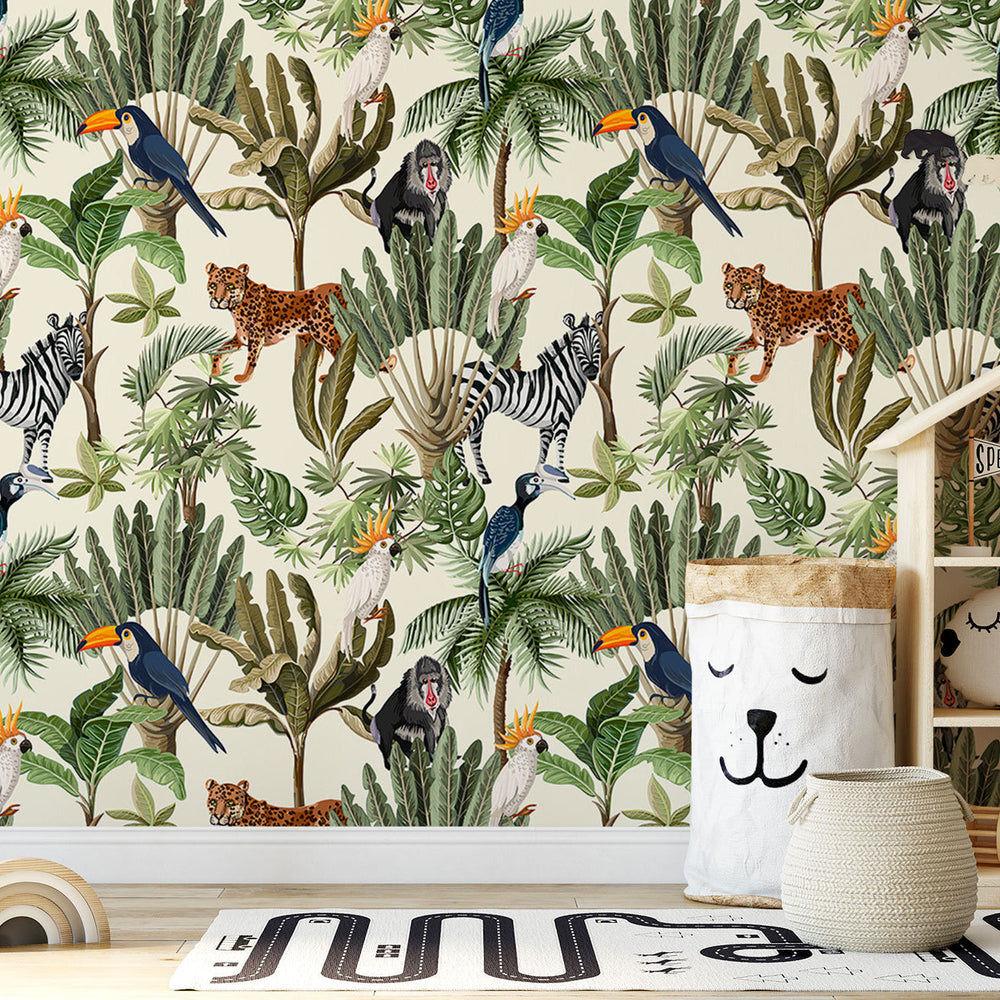 Playful Jungle Animals Watercolour Wallpaper in a room setting