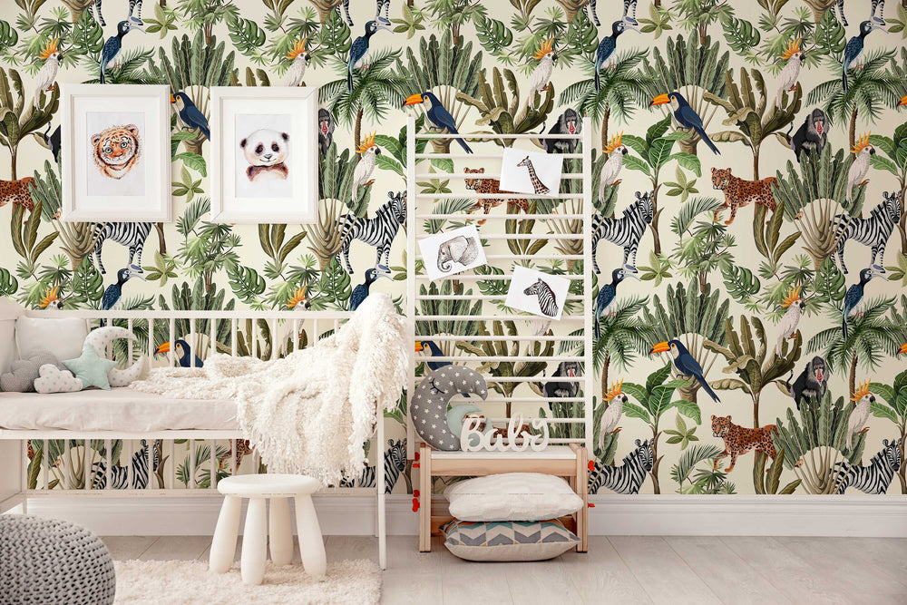 Playful Jungle Animals Watercolor Peel and Stick Wallpaper for Nursery and Kids' Room Decor