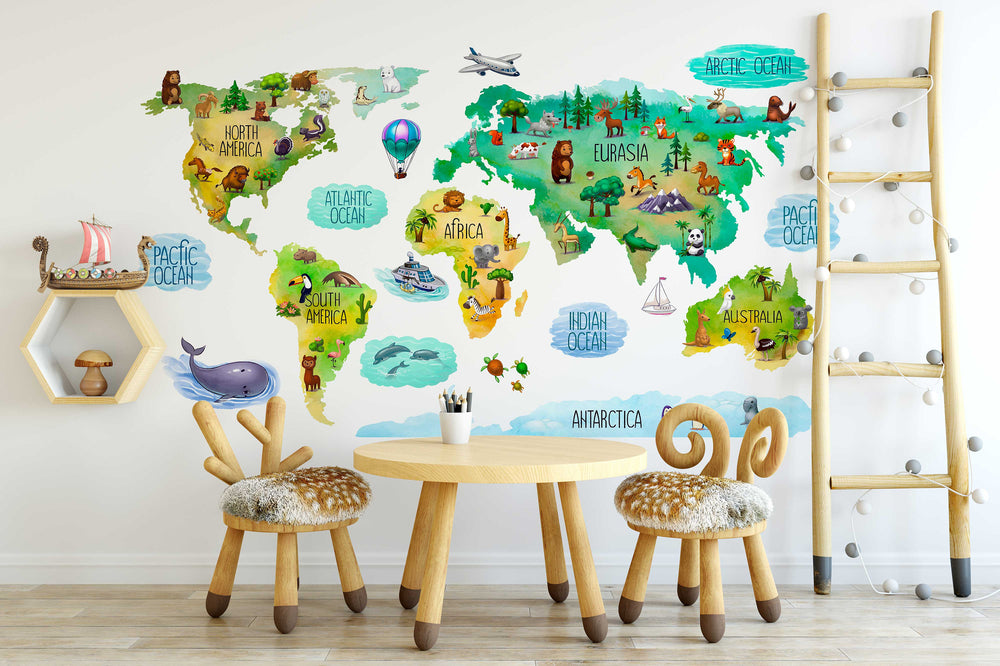 Educational Kids World Map Wall Decal for Nursery