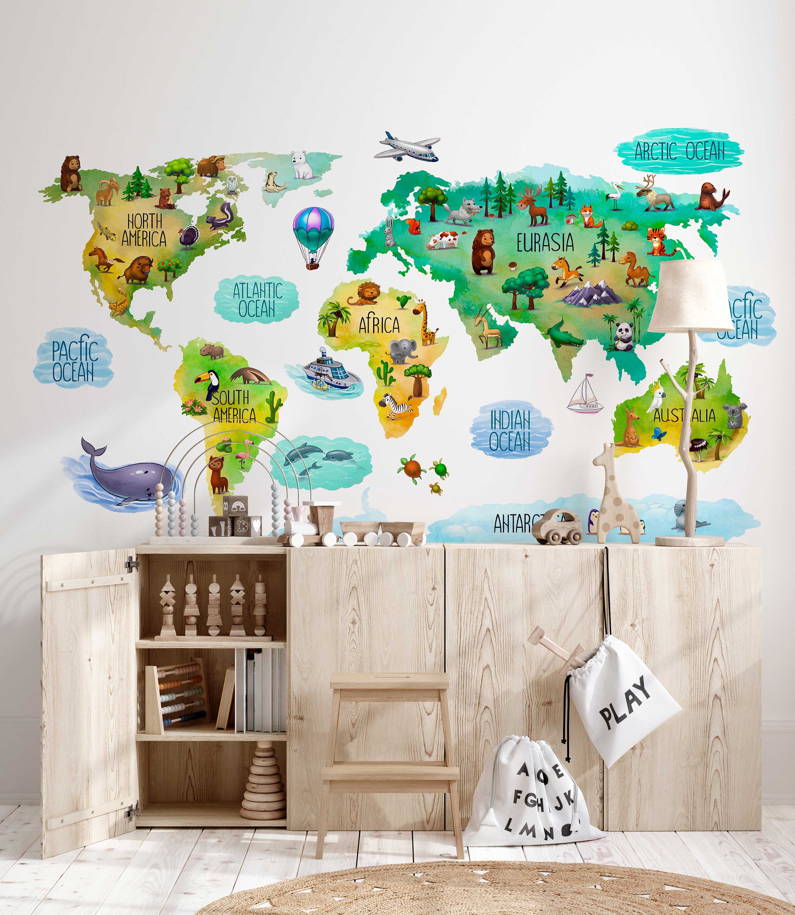 Educational Kids World Map Wall Decal for Nursery Clickwalls