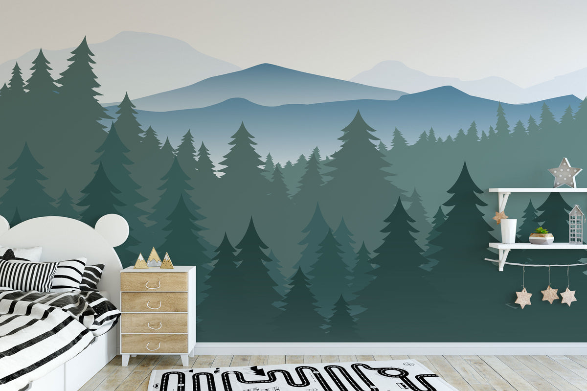 Mountain Pine Forest Wall Mural behind a child's bed