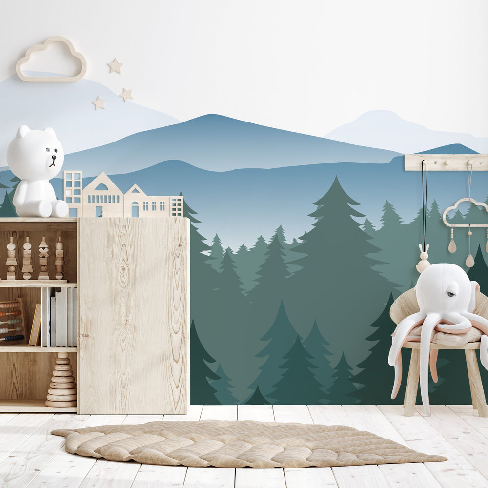 Mountain Pine Forest Wall Mural behind a wardrobe