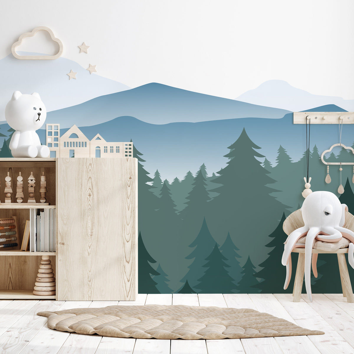 Mountain Pine Forest Wall Mural behind a wardrobe