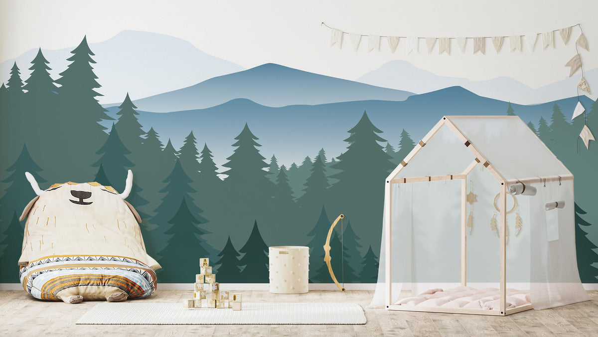 Mountain Pine Forest Wall Mural behind a play tent
