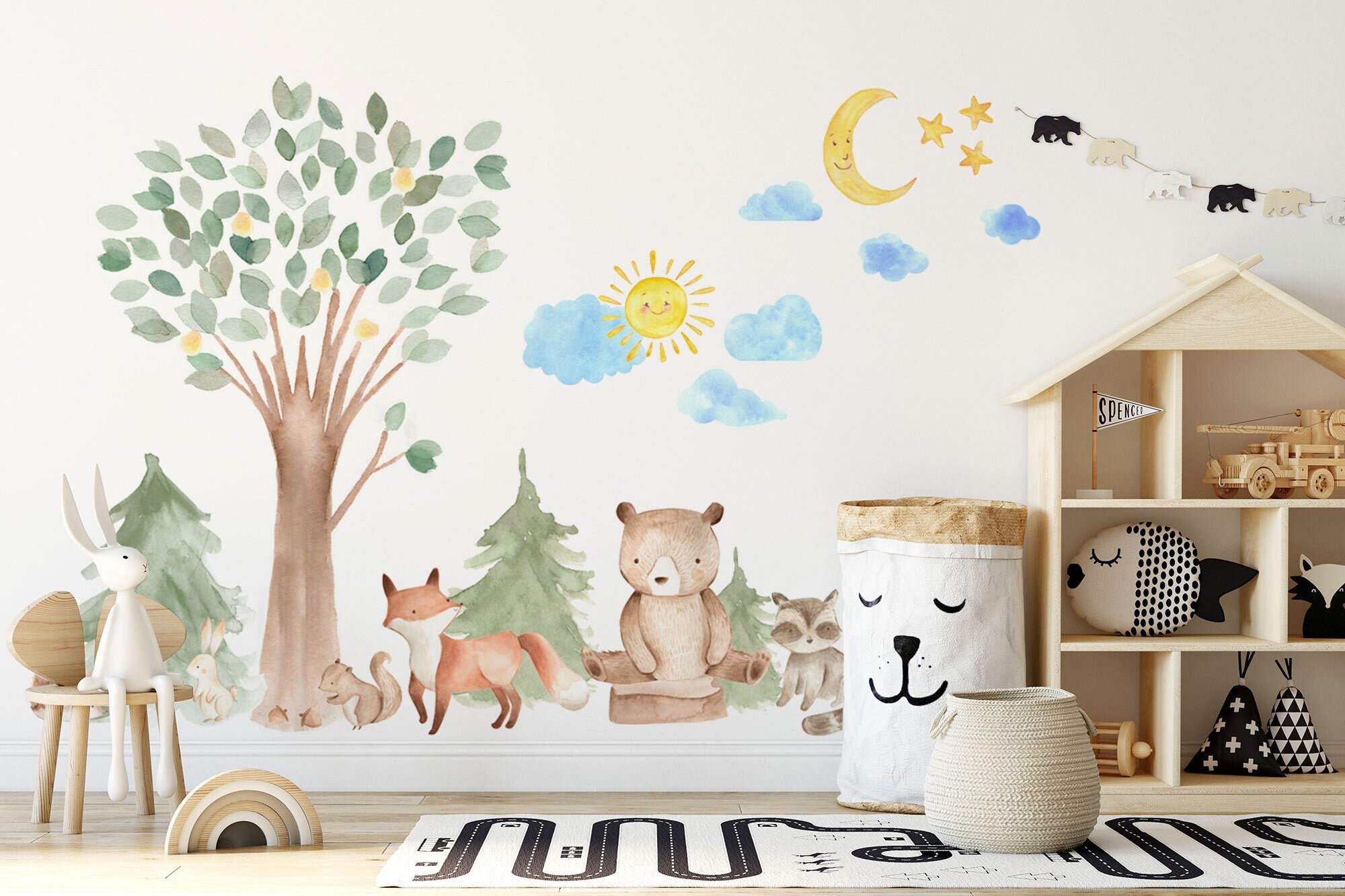 Woodland Watercolour Oak Pine Tree Decal with Animals - Bear, Fox, Raccoon, Rabbit, Squirrel, Porcupine