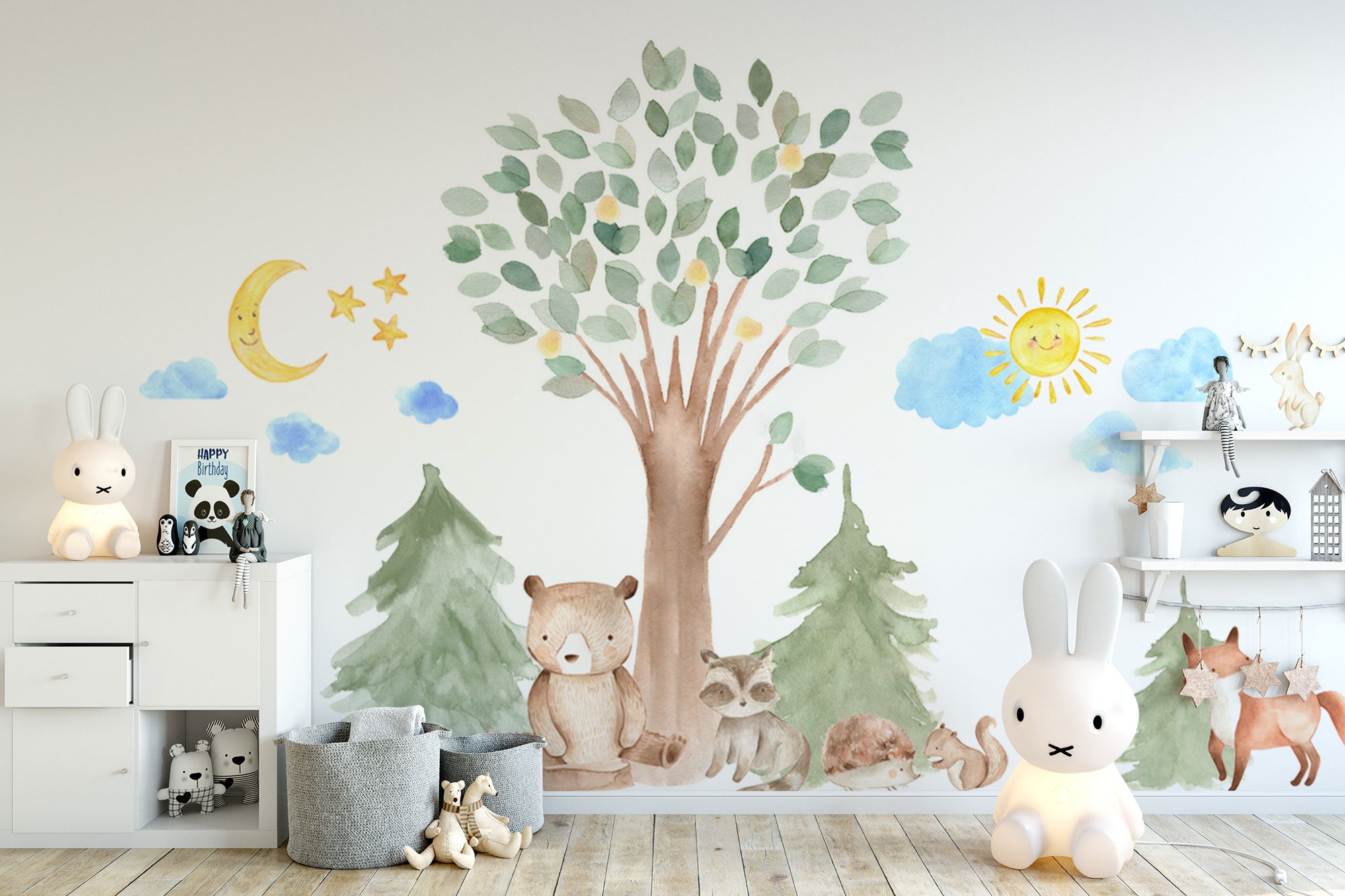 Woodland Watercolour Oak Pine Tree Decal with Animals - Bear, Fox, Raccoon, Rabbit, Squirrel, Porcupine