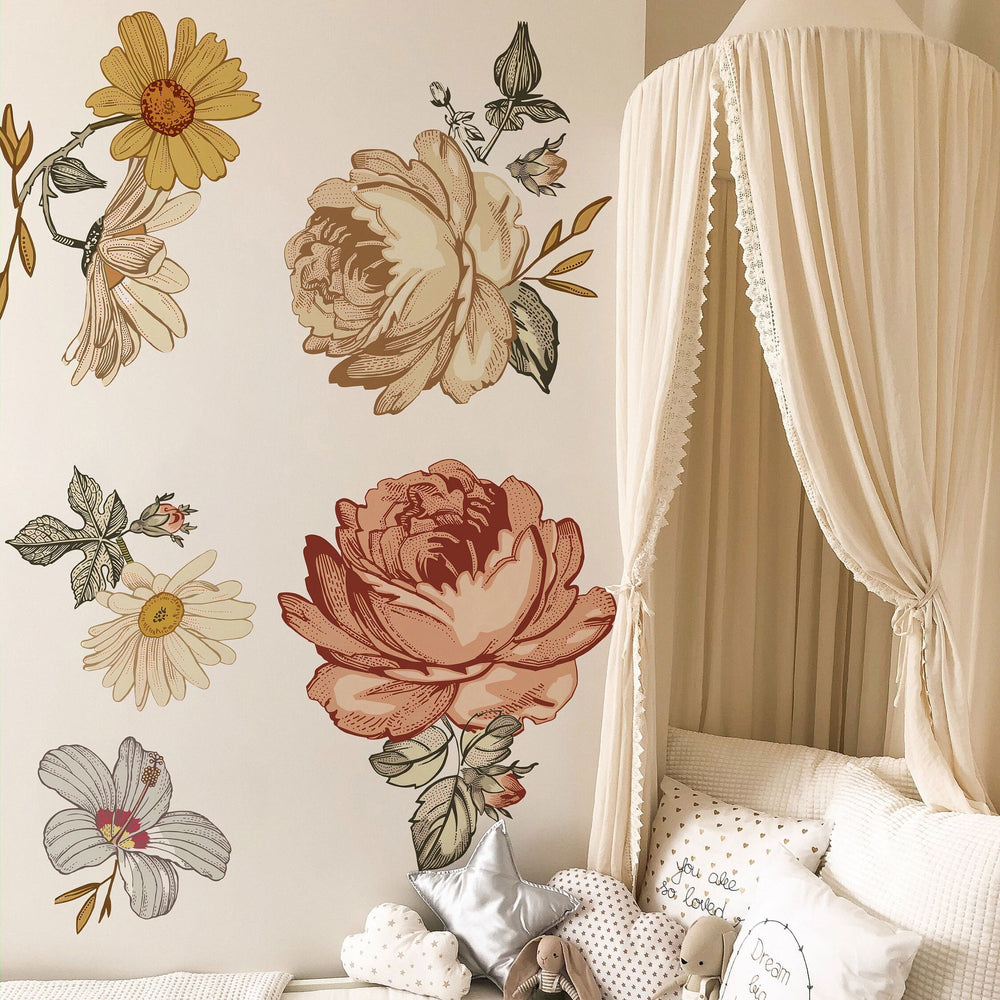 Soft Nursery Floral Wall Decal - Vintage Peony Flower Wall Sticker