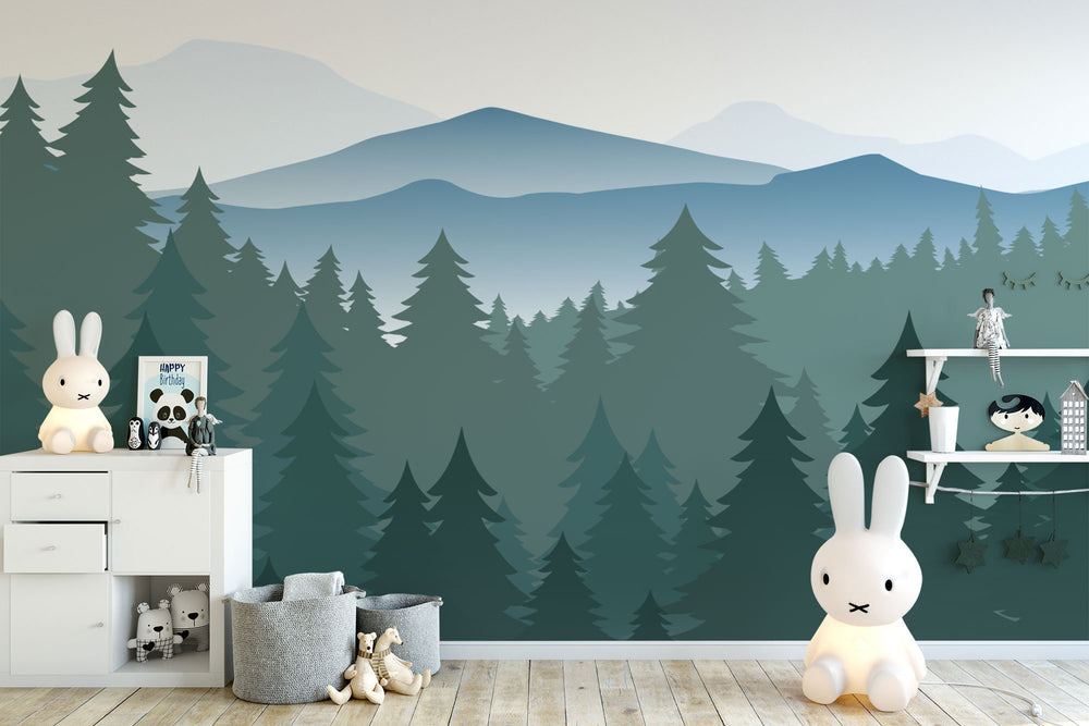 Mountain Pine Forest Wall Mural in a nursery