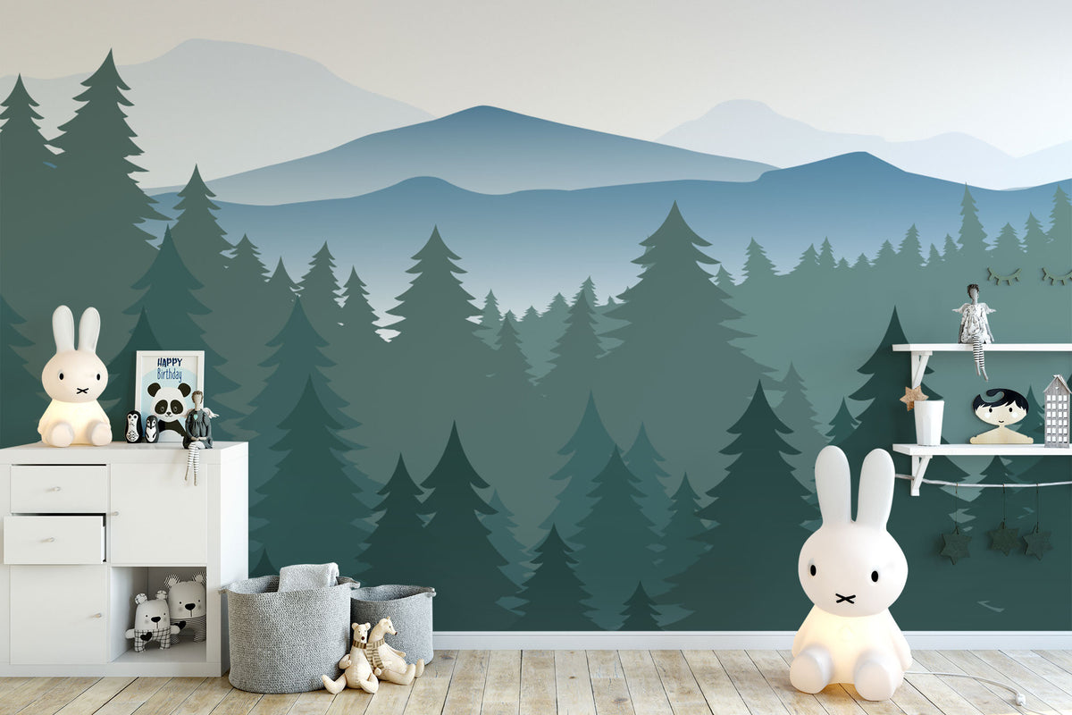 Mountain Pine Forest Wall Mural in a nursery