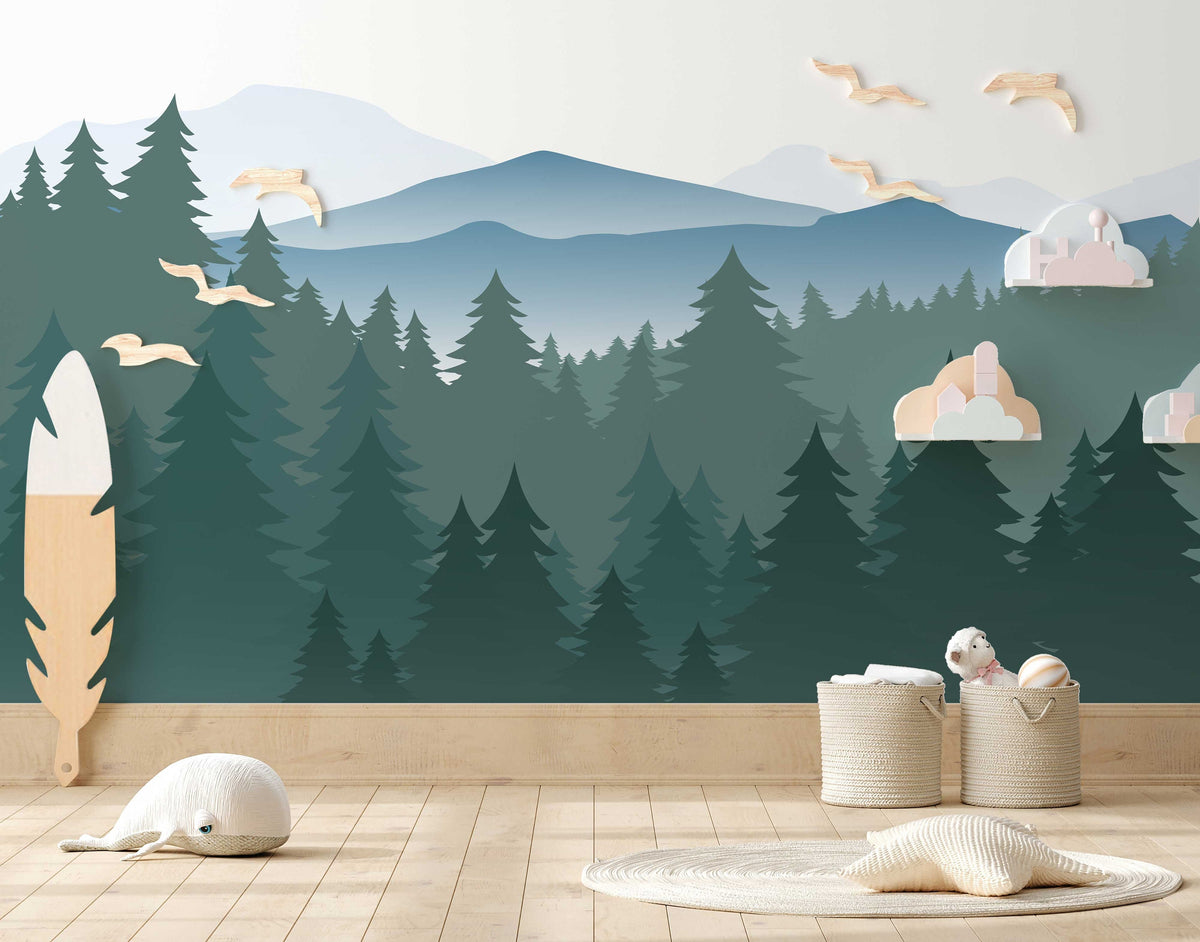 Mountain Pine Forest Wall Mural in a playroom