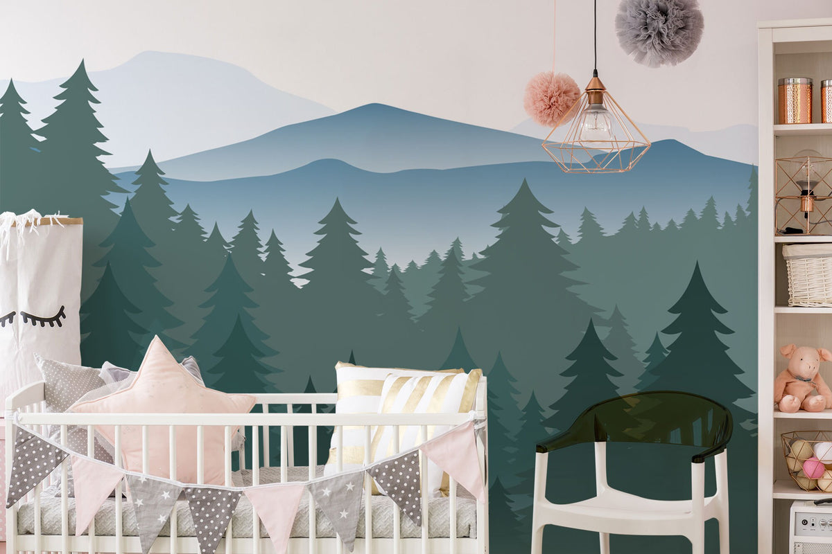 Mountain Pine Forest Wall Mural behind a cot