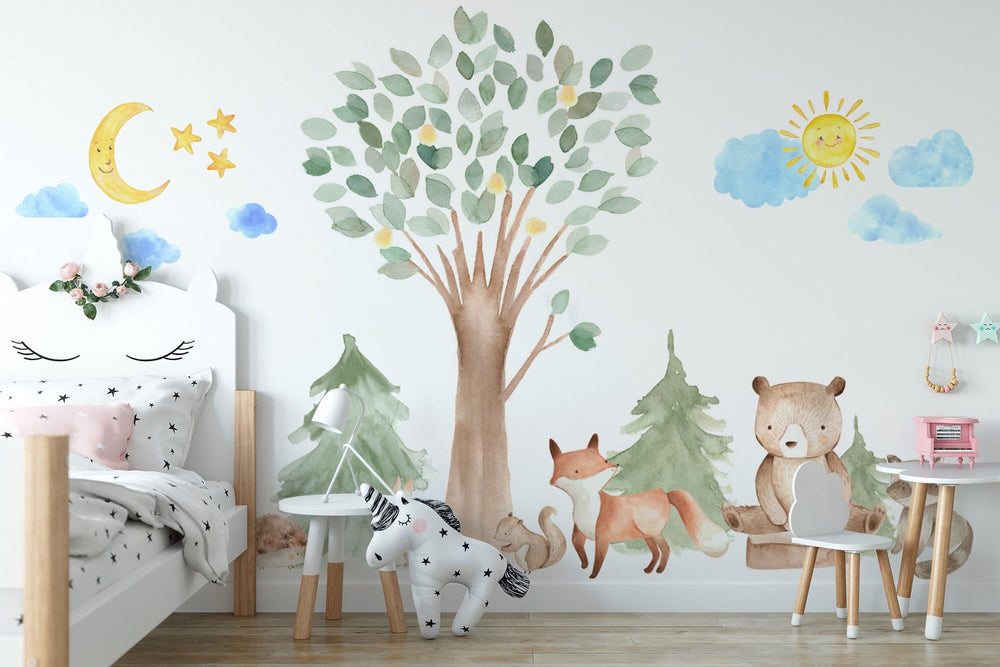 Woodland Watercolour Oak Pine Tree Decal with Animals - Bear, Fox, Raccoon, Rabbit, Squirrel, Porcupine