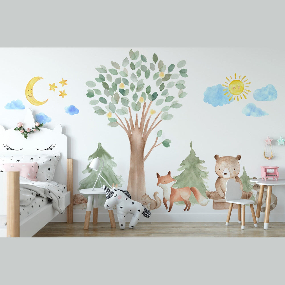 Woodland Watercolour Oak Pine Tree Decal with Animals - Bear, Fox, Raccoon, Rabbit, Squirrel, Porcupine