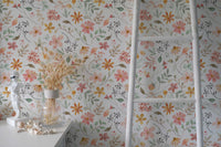Spring Wildflower Wallpaper behind a ladder shelf