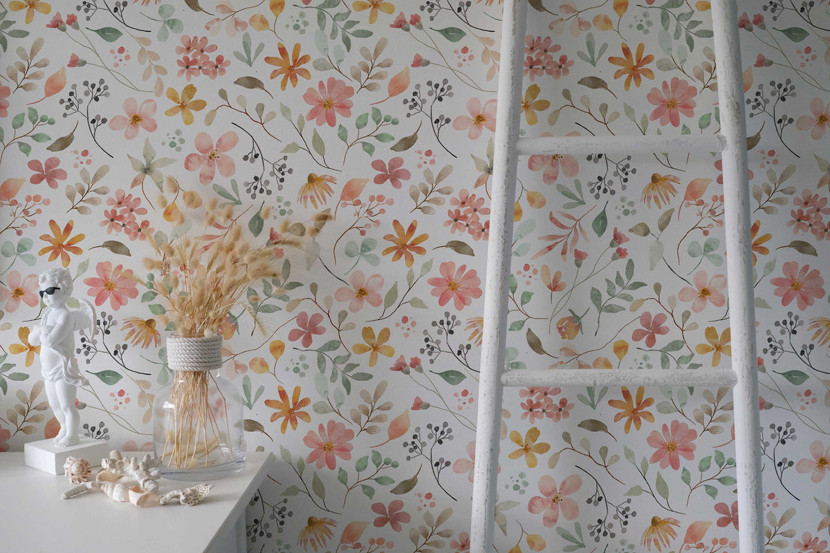 Spring Wildflower Wallpaper behind a ladder shelf