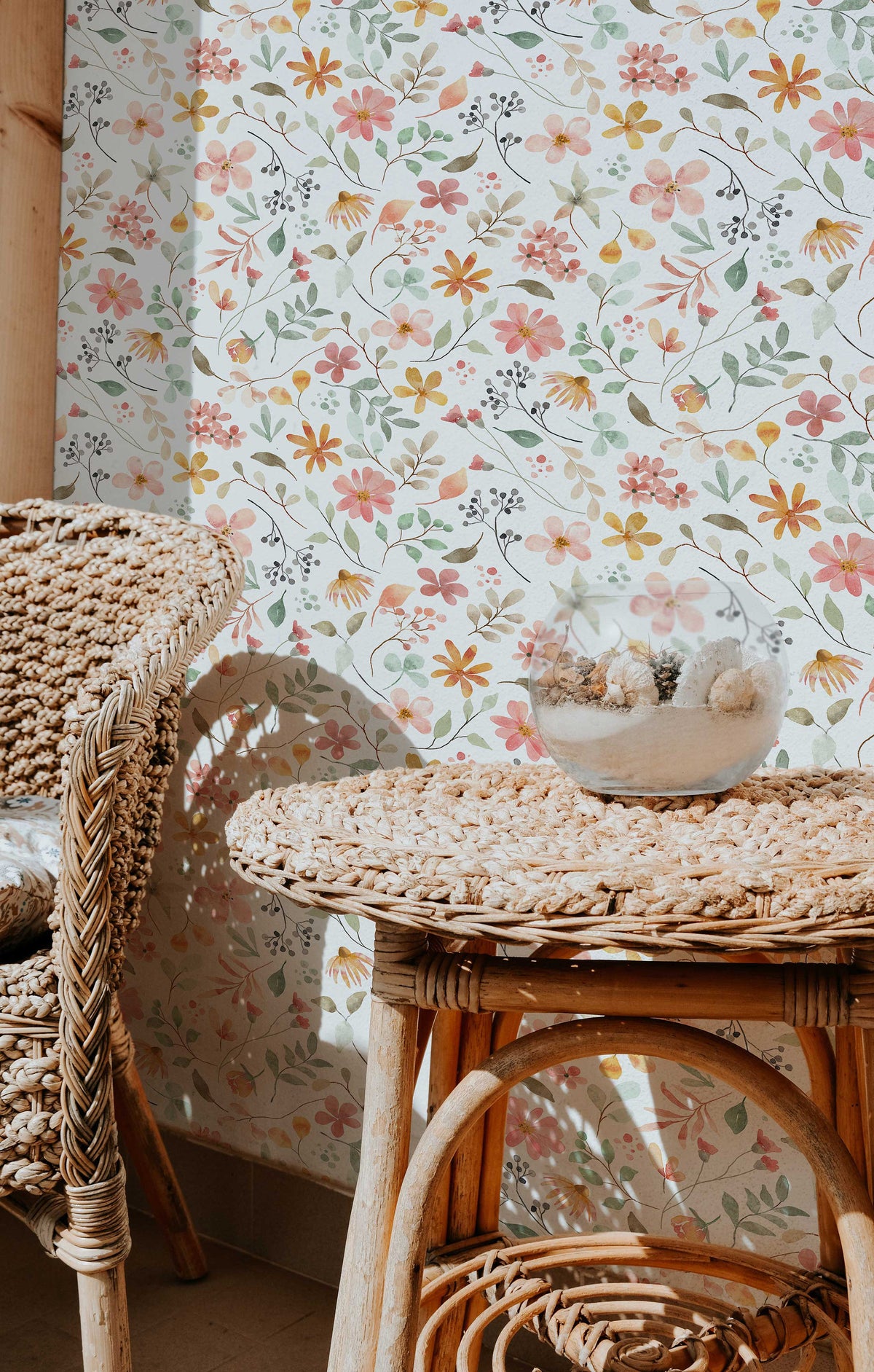 Spring Wildflower Wallpaper beside a rattan chair