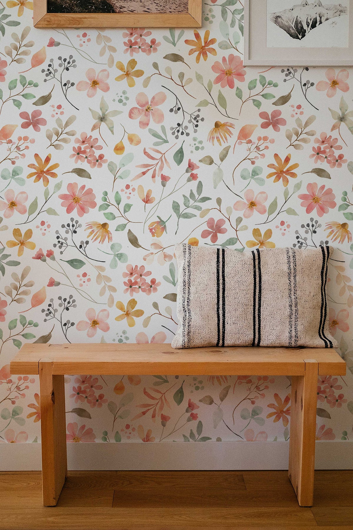 Spring Wildflower Wallpaper behind a wooden bench