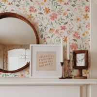 Spring Wildflower Wallpaper behind a mantelpiece with a mirror