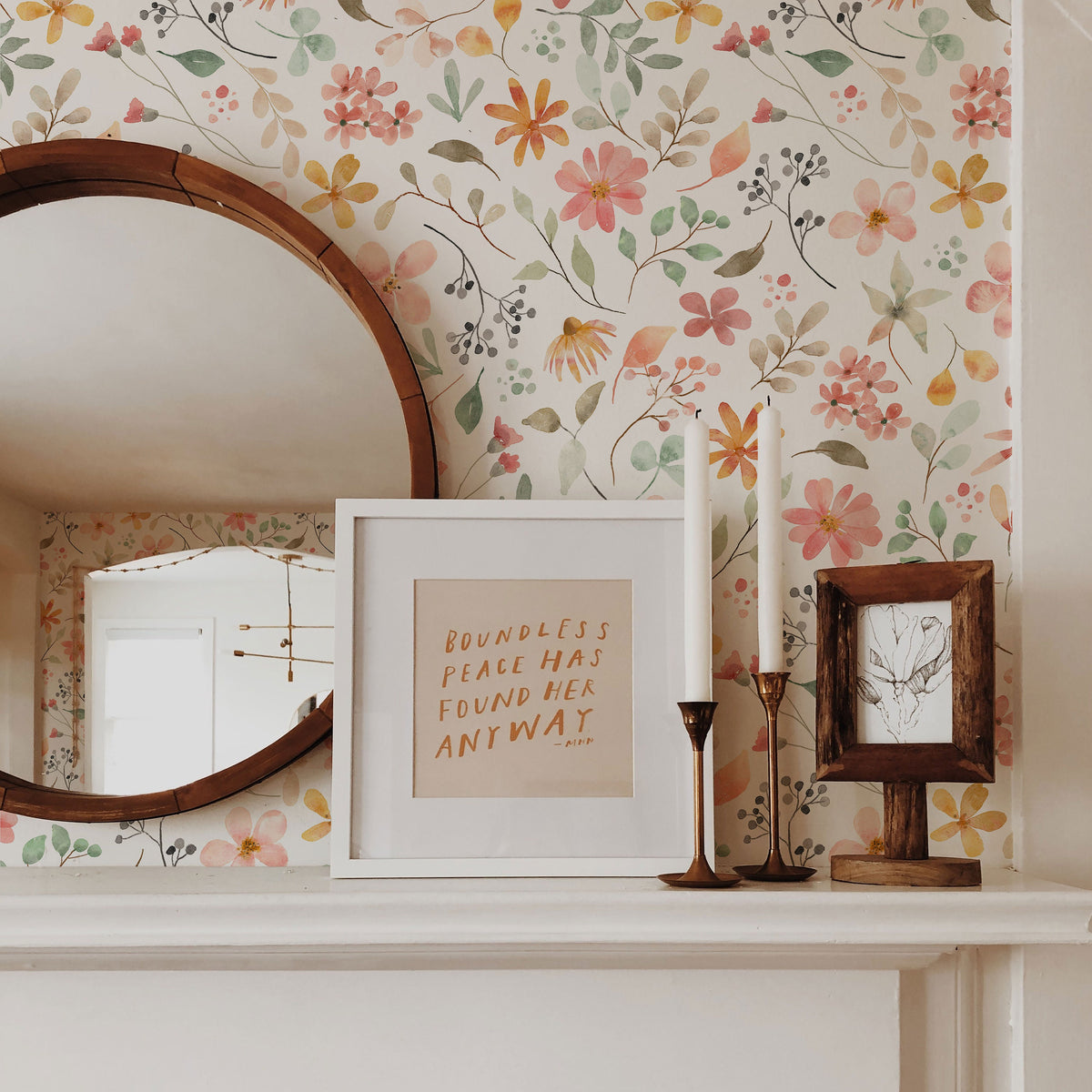 Spring Wildflower Wallpaper behind a mantelpiece with a mirror