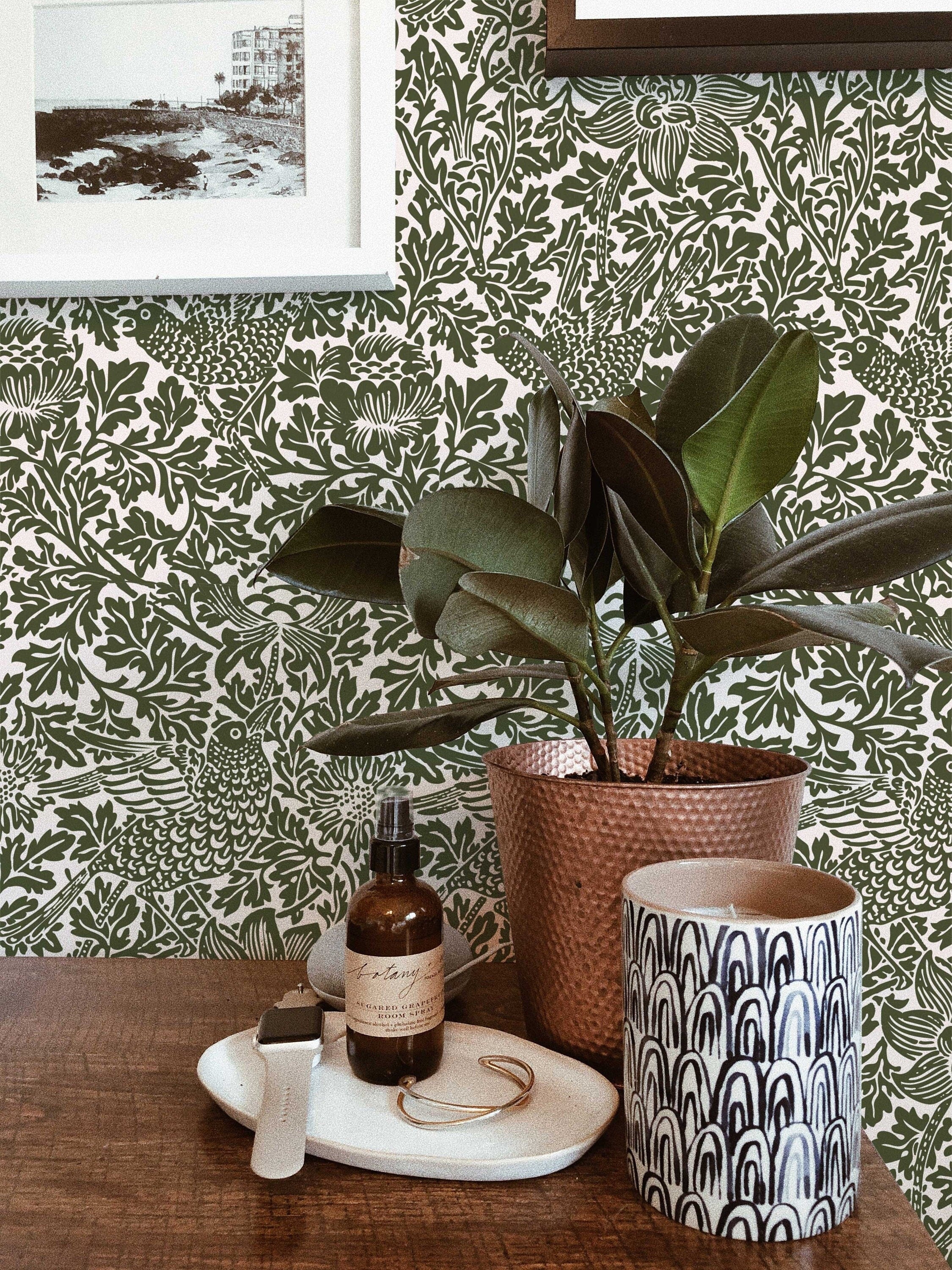 Bird Song Green William Morris Removable Wallpaper | Self-Adhesive | Pasted | Mural | Temporary | Feature Wall Decoration