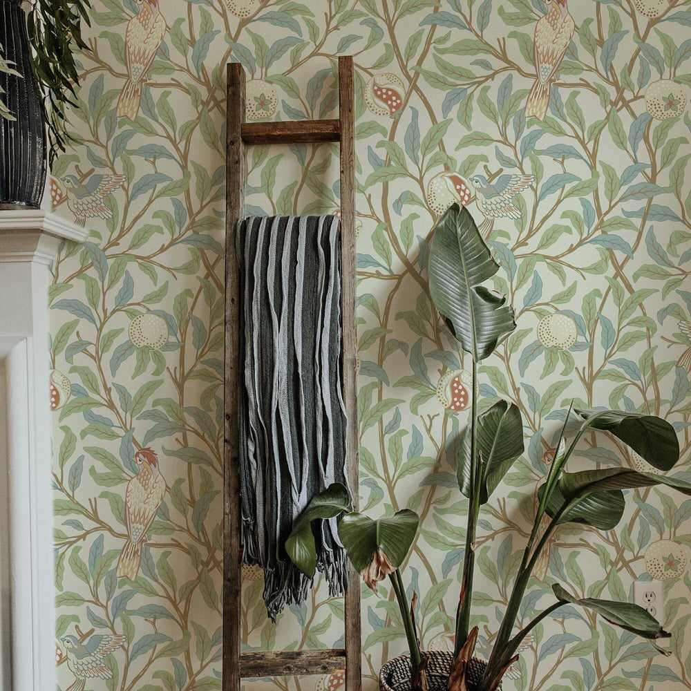 Vintage Birds in Trees William Morris Wallpaper in a room setting