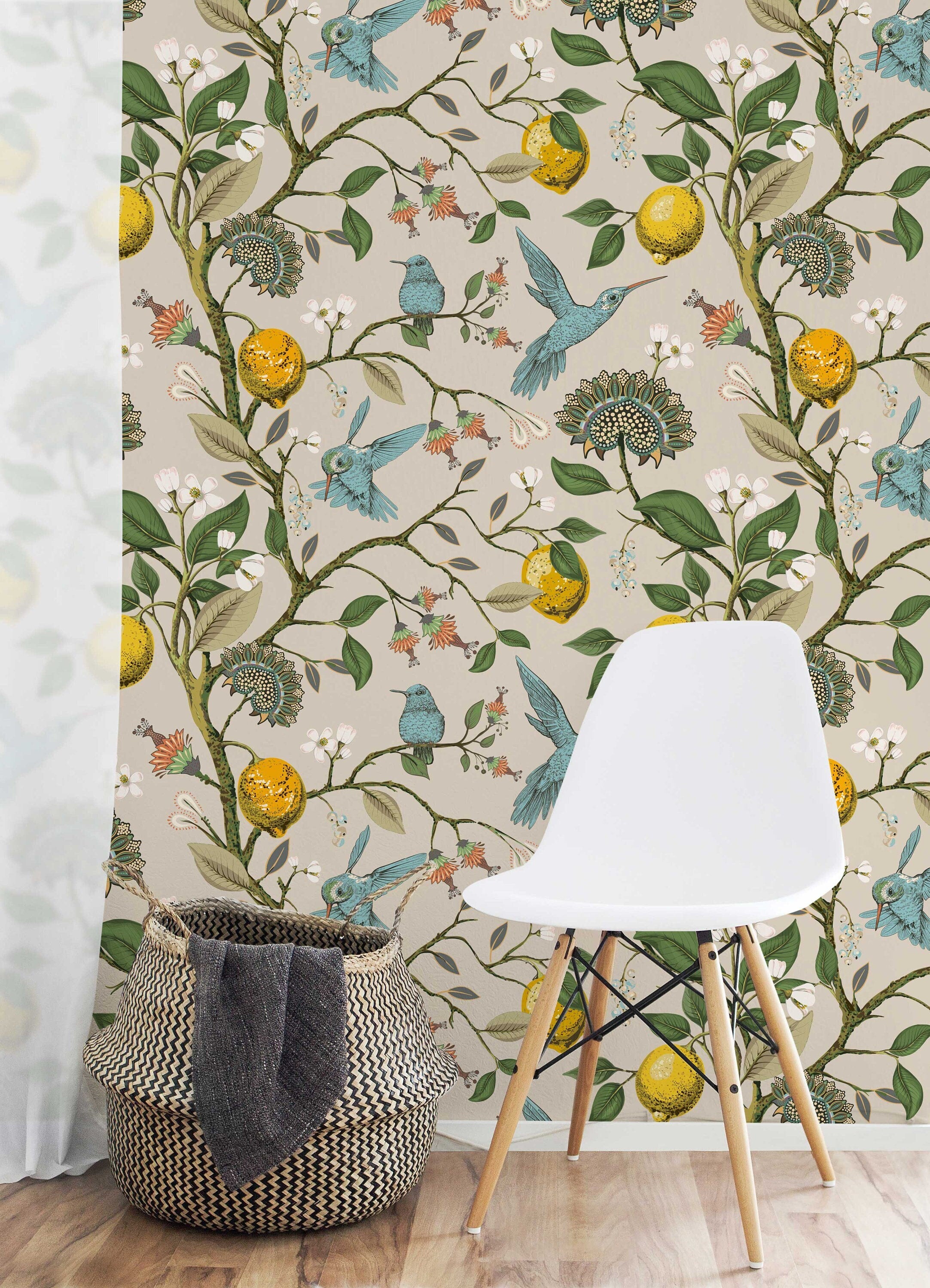 Lemon Grove Hummingbirds Peel and Stick Wallpaper - Removable Self-Adhesive for Nursery or Kitchen - Clickwalls