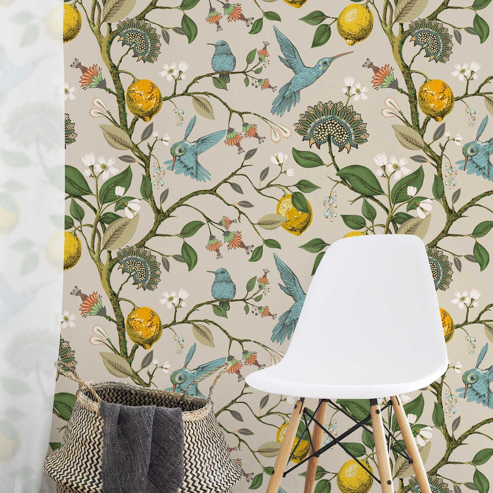 Lemon Grove Hummingbirds Wallpaper in a room setting