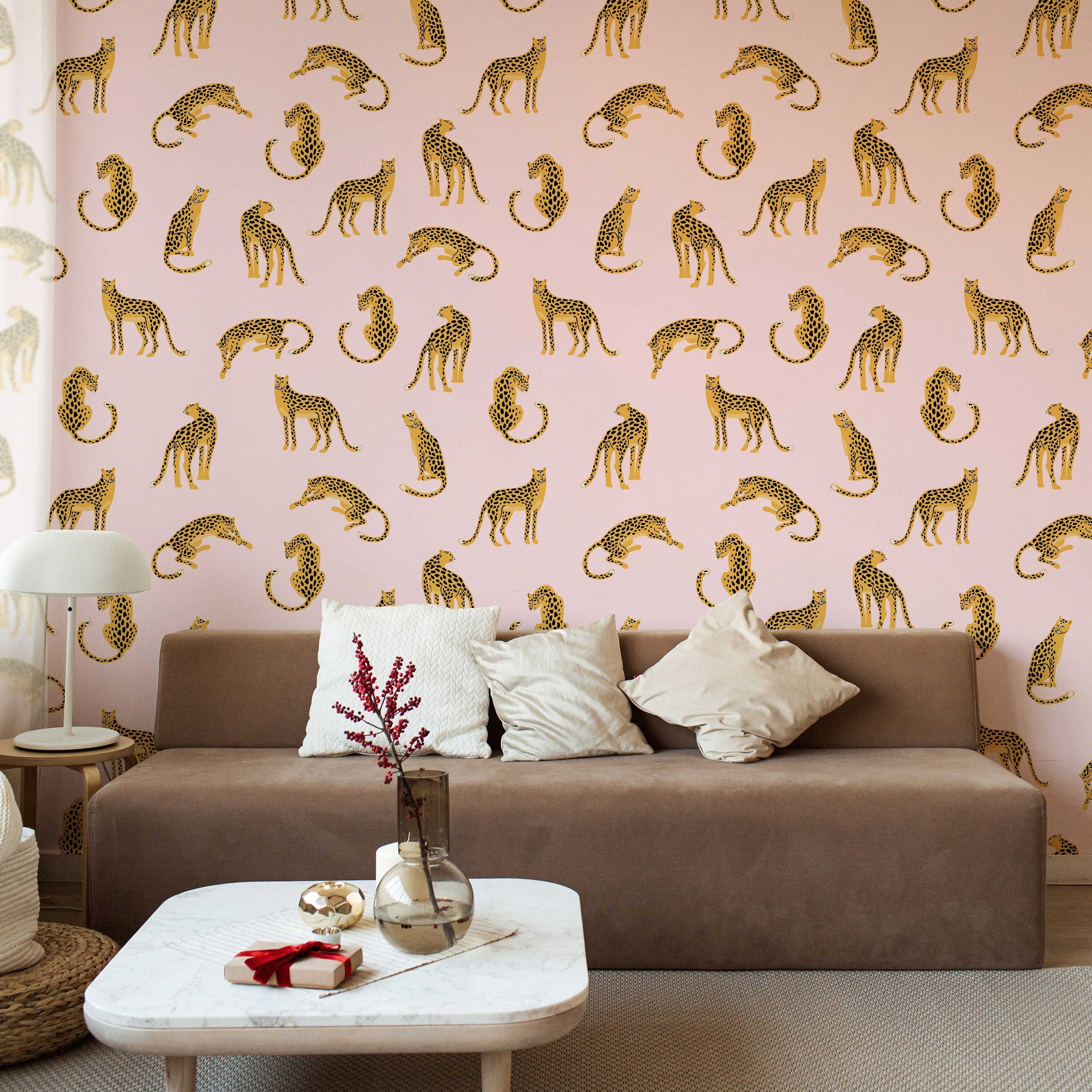 Leopards on Pink Background Removable Wallpaper | Self-Adhesive Fabric | Peel & Stick | Tropical Animal Wall Covering - Clickwalls
