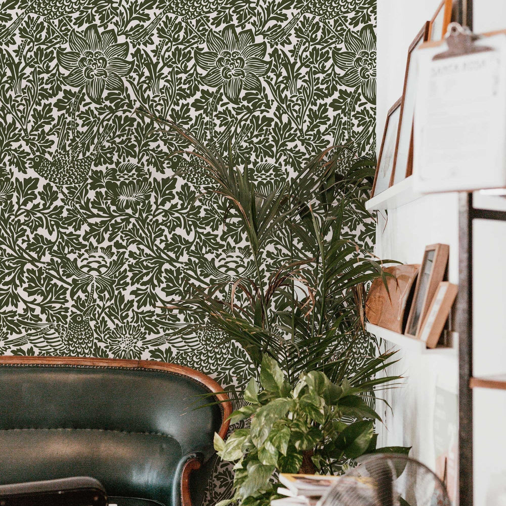 Bird Song Green William Morris Wallpaper in a room setting