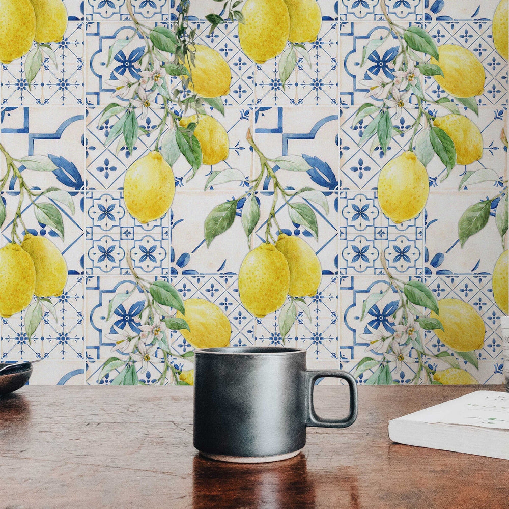Hand-Drawn Watercolour Lemons and Blue Sicilian Style Tiles Wallpaper in a room setting
