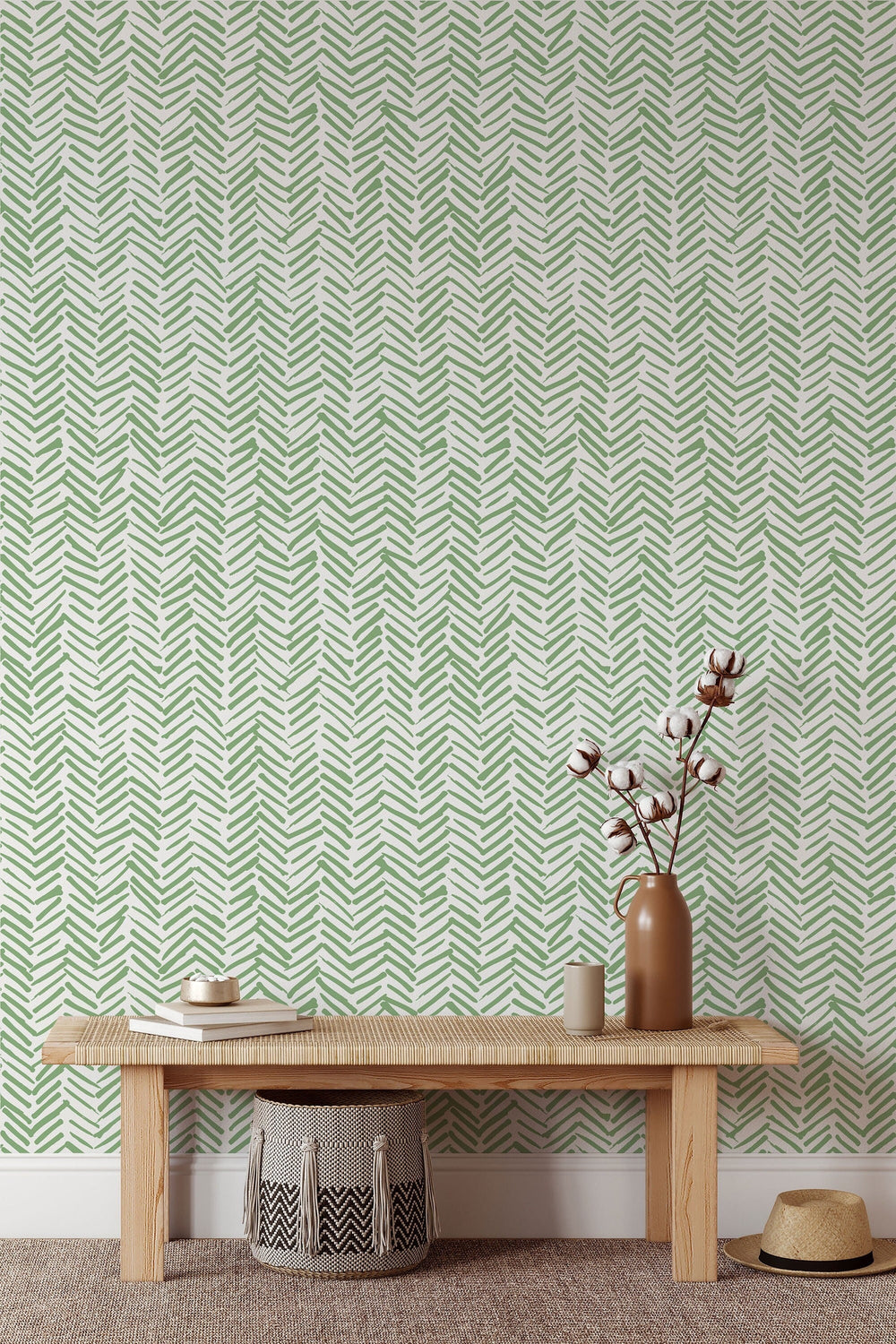 Green Chevron Wallpaper Peel and Stick | Self Adhesive Herringbone Wall Paper | Geometric Removable Wall Decor | Minimalistic Boho Tribal