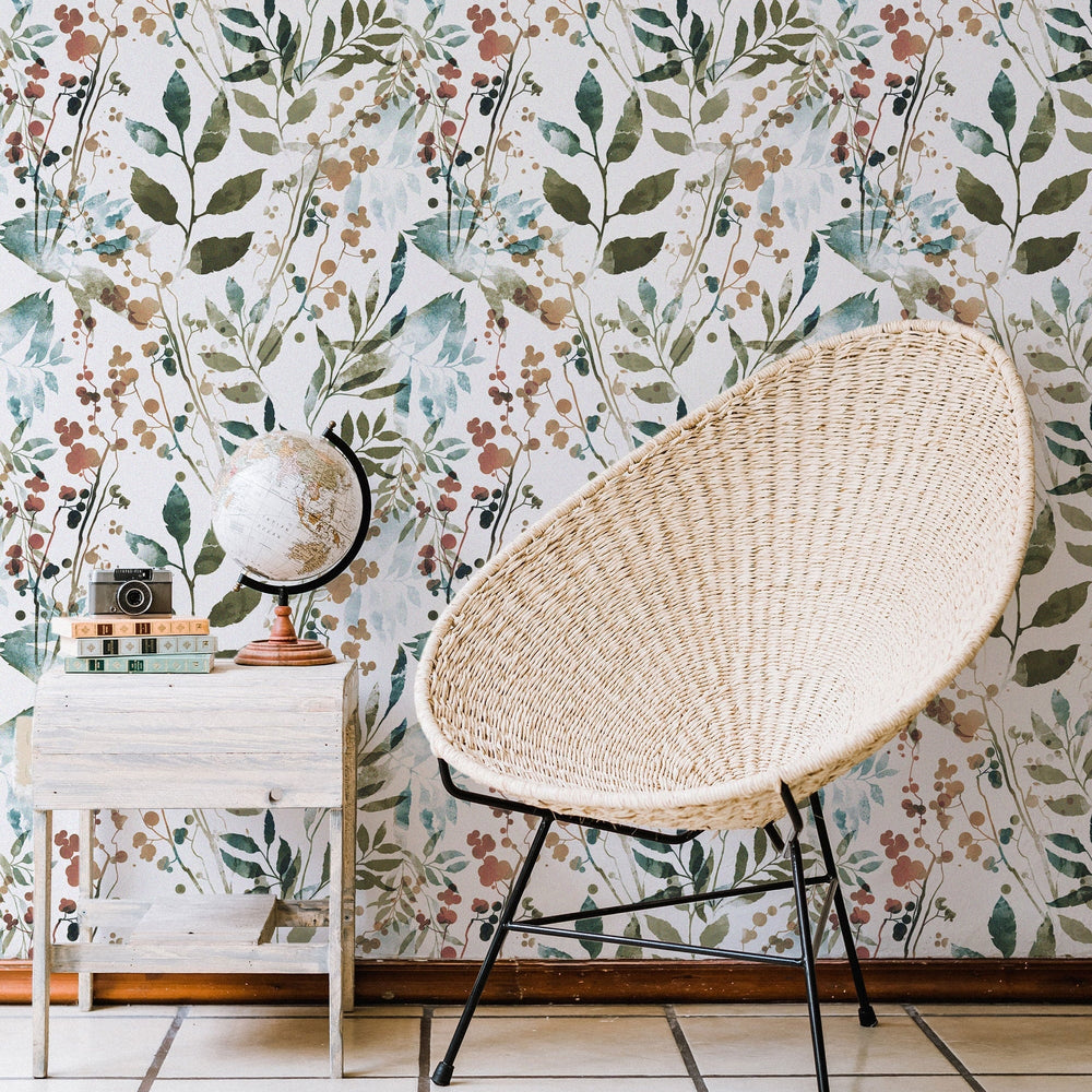 Herb Leaves Watercolour Wallpaper in a room setting