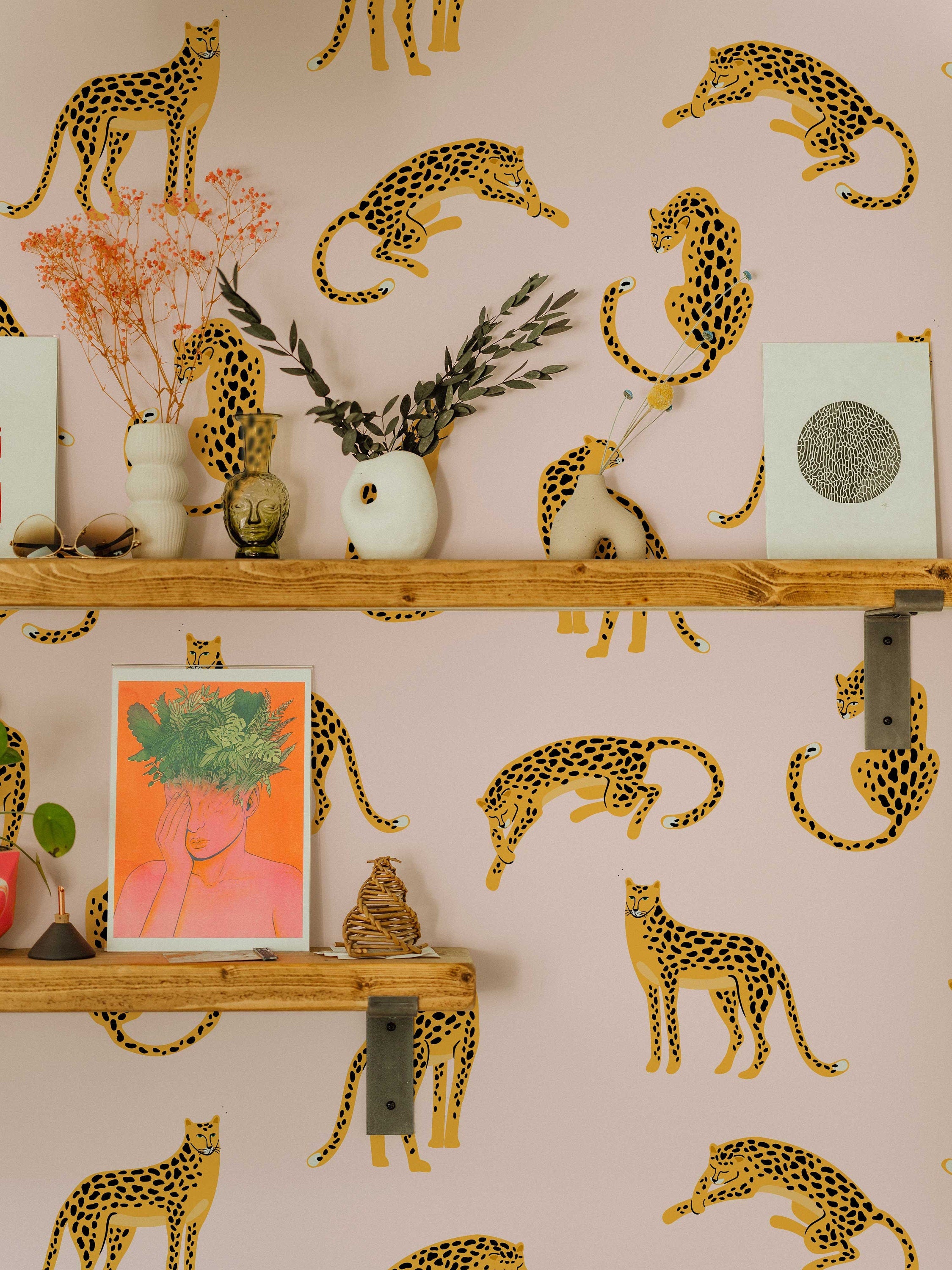Leopards on Pink Background Removable Wallpaper | Self-Adhesive Fabric | Peel & Stick | Tropical Animal Wall Covering - Clickwalls