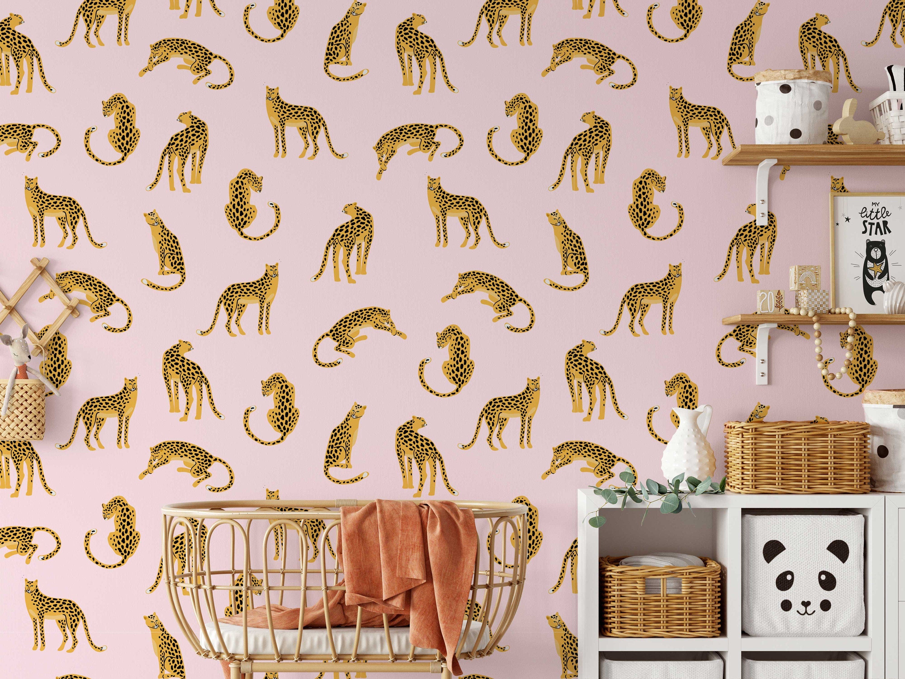 Leopards on Pink Background Removable Wallpaper | Self-Adhesive Fabric | Peel & Stick | Tropical Animal Wall Covering - Clickwalls