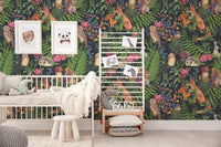 Watercolor Forest Animals and Plants Self Adhesive Wallpaper | Peel and Stick Wall Decor | Woodland Cute Animals Design - Clickwalls