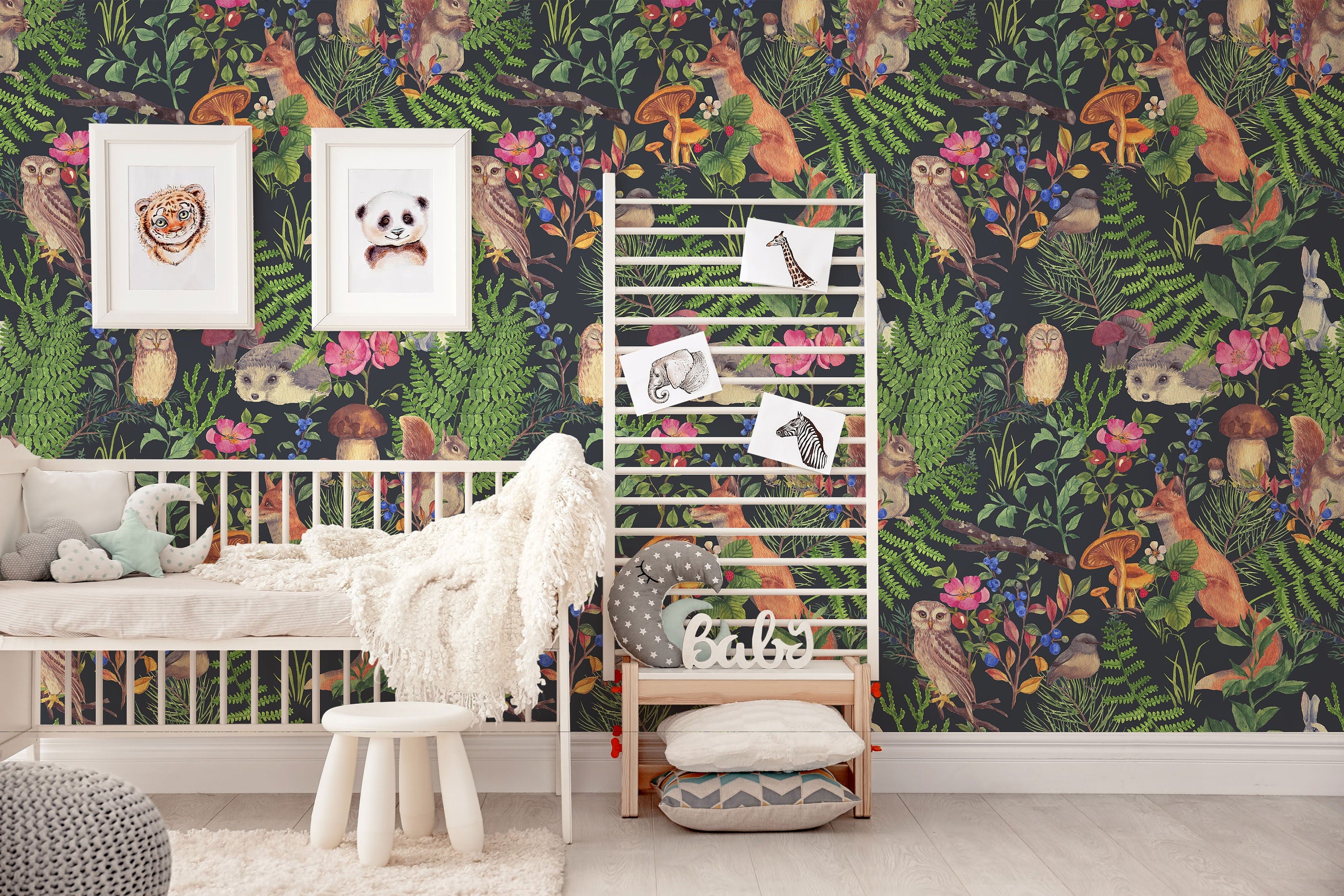 Watercolor Forest Animals and Plants Self Adhesive Wallpaper | Peel and Stick Wall Decor | Woodland Cute Animals Design - Clickwalls