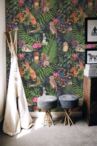 Watercolor Forest Animals and Plants Self Adhesive Wallpaper | Peel and Stick Wall Decor | Woodland Cute Animals Design - Clickwalls