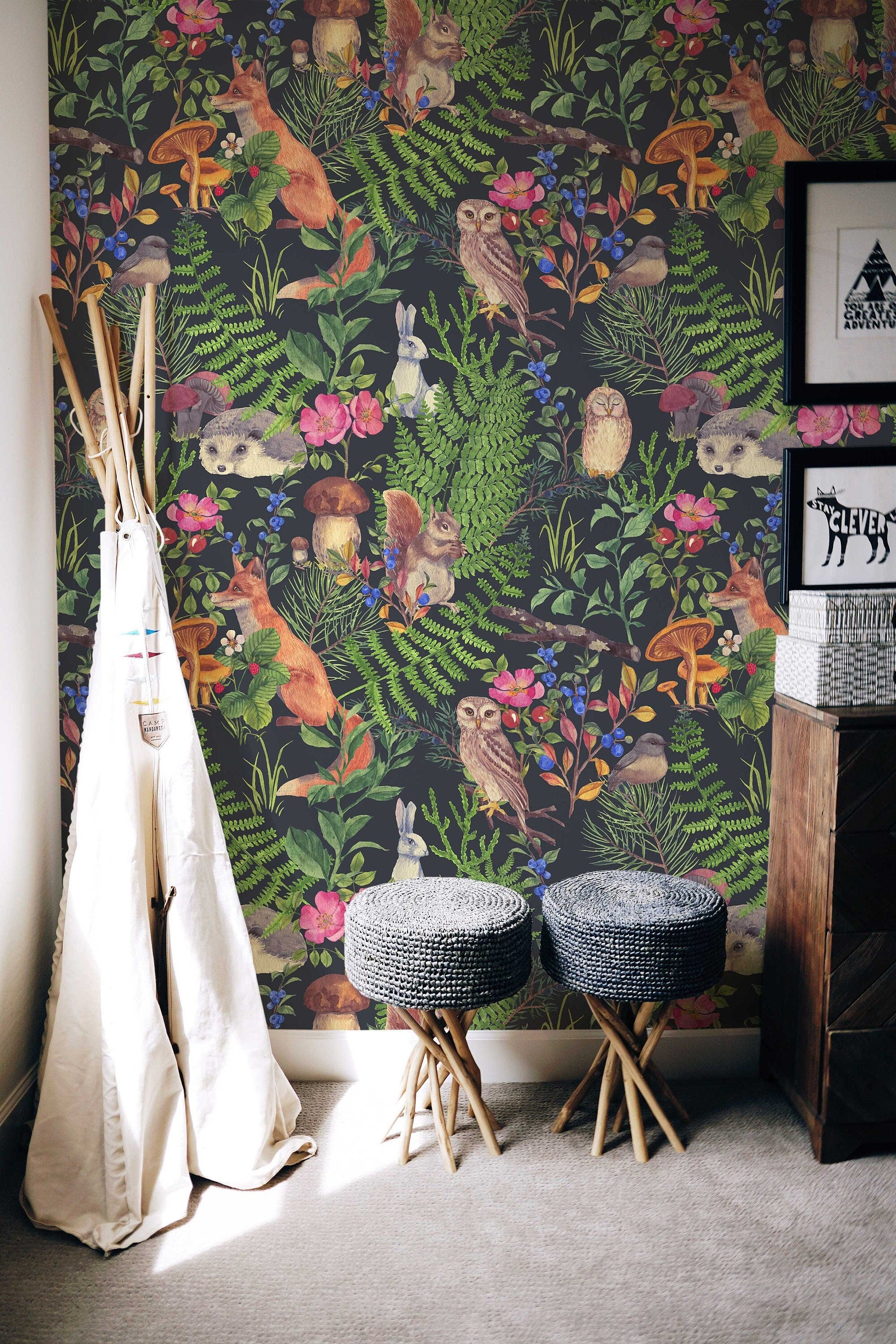 Watercolor Forest Animals and Plants Self Adhesive Wallpaper | Peel and Stick Wall Decor | Woodland Cute Animals Design - Clickwalls
