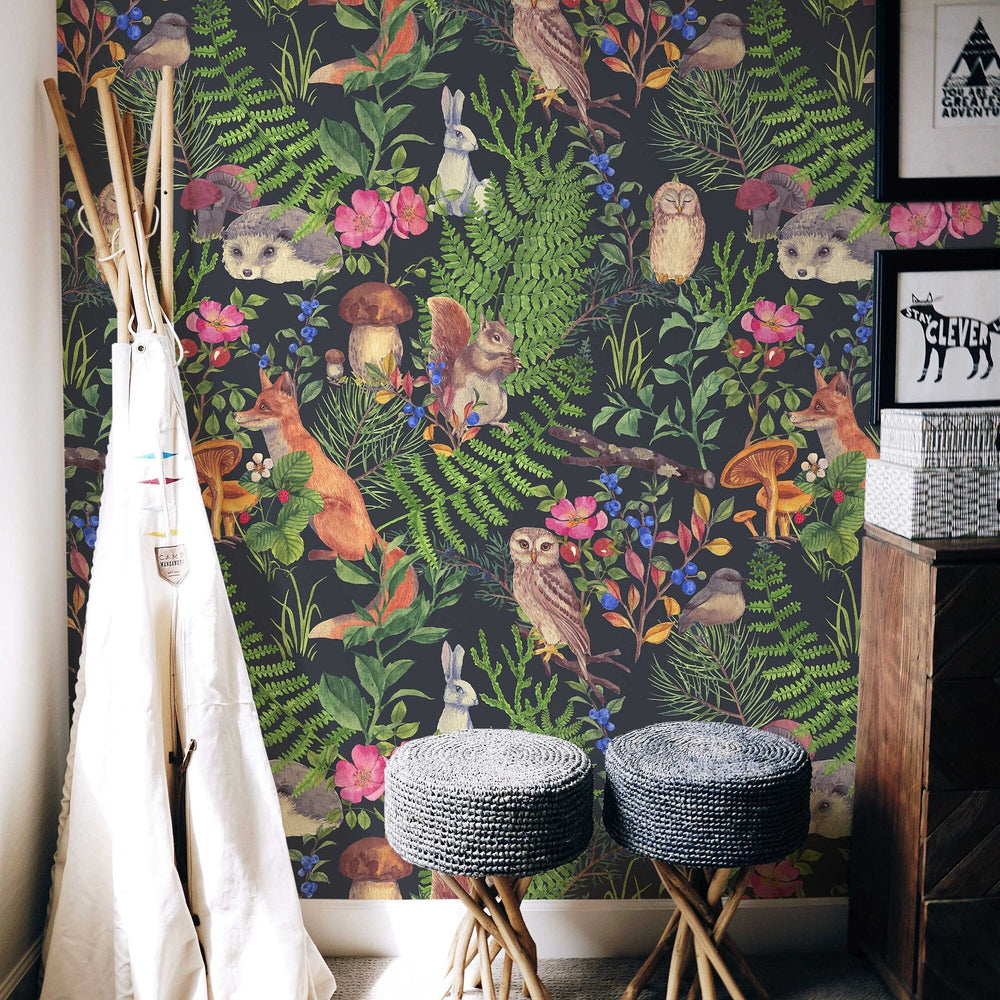 Watercolour Forest Animals and Plants Wallpaper in a room setting