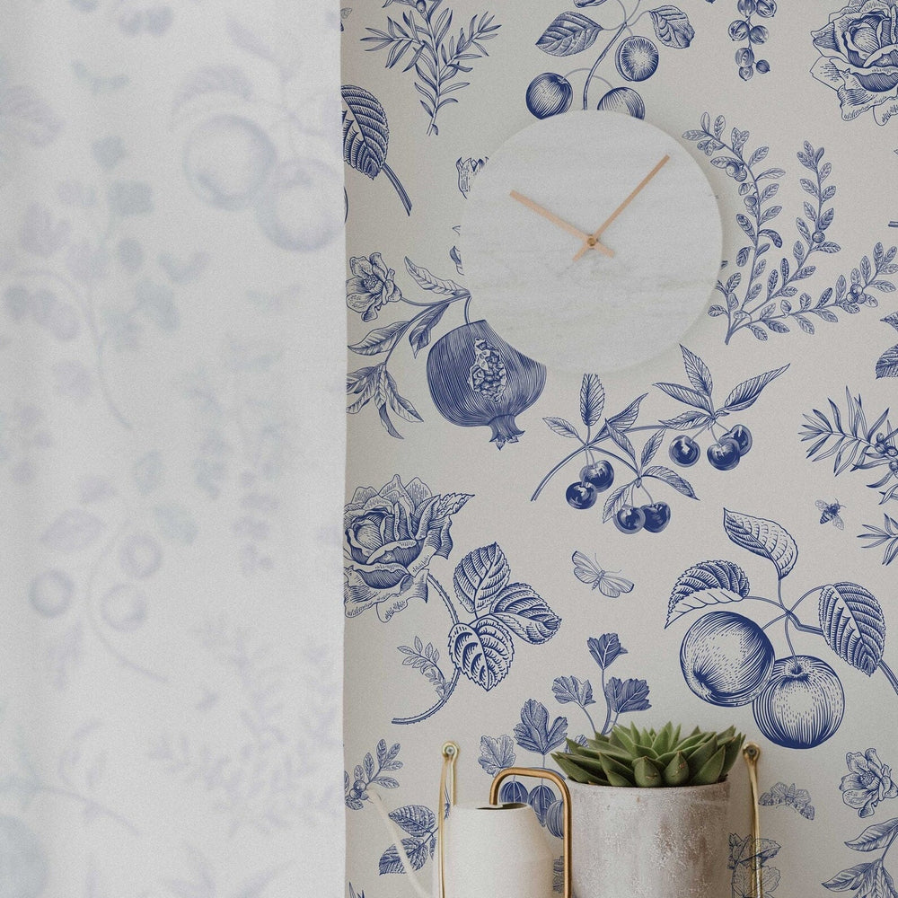 Blue Peach Botanical Wallpaper in a room setting