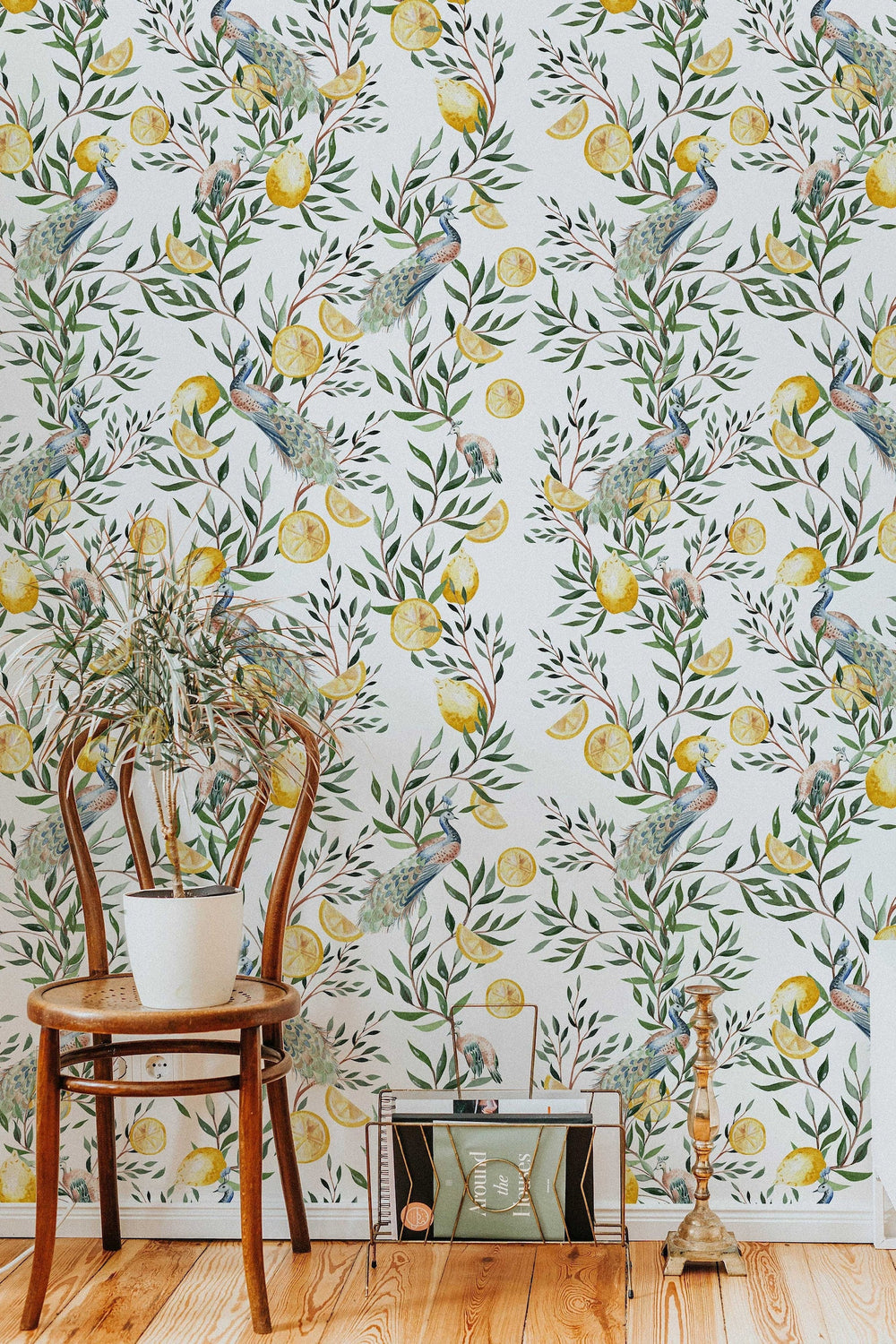 Chinoiserie Wallpaper | Peel and Stick or Traditional | Watercolor Peacock with Tree Wall Mural | Self Adhesive Floral Wallpaper | Removable