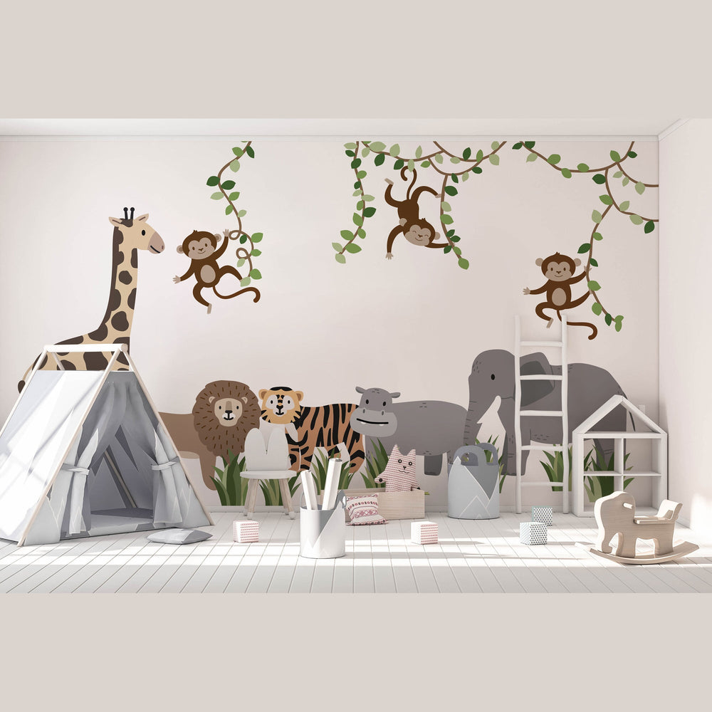 Large Safari Animals and Monkey Wall Decals – Side View Style | Jungle Animal Wall Stickers for Nursery