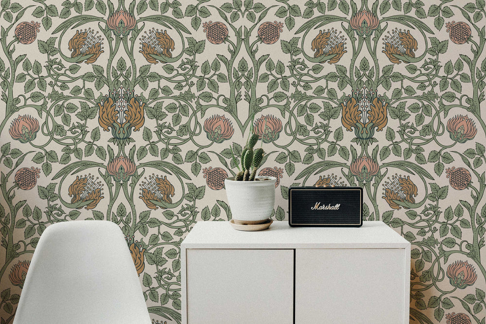 Vintage William Morris Inspired Wallpaper behind a white cabinet