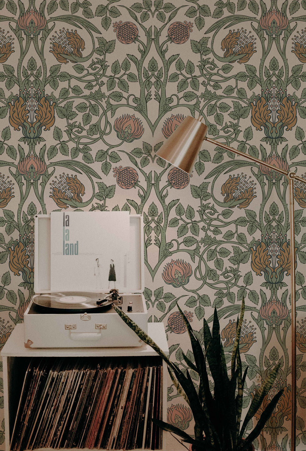 Vintage William Morris Inspired Wallpaper behind a record player