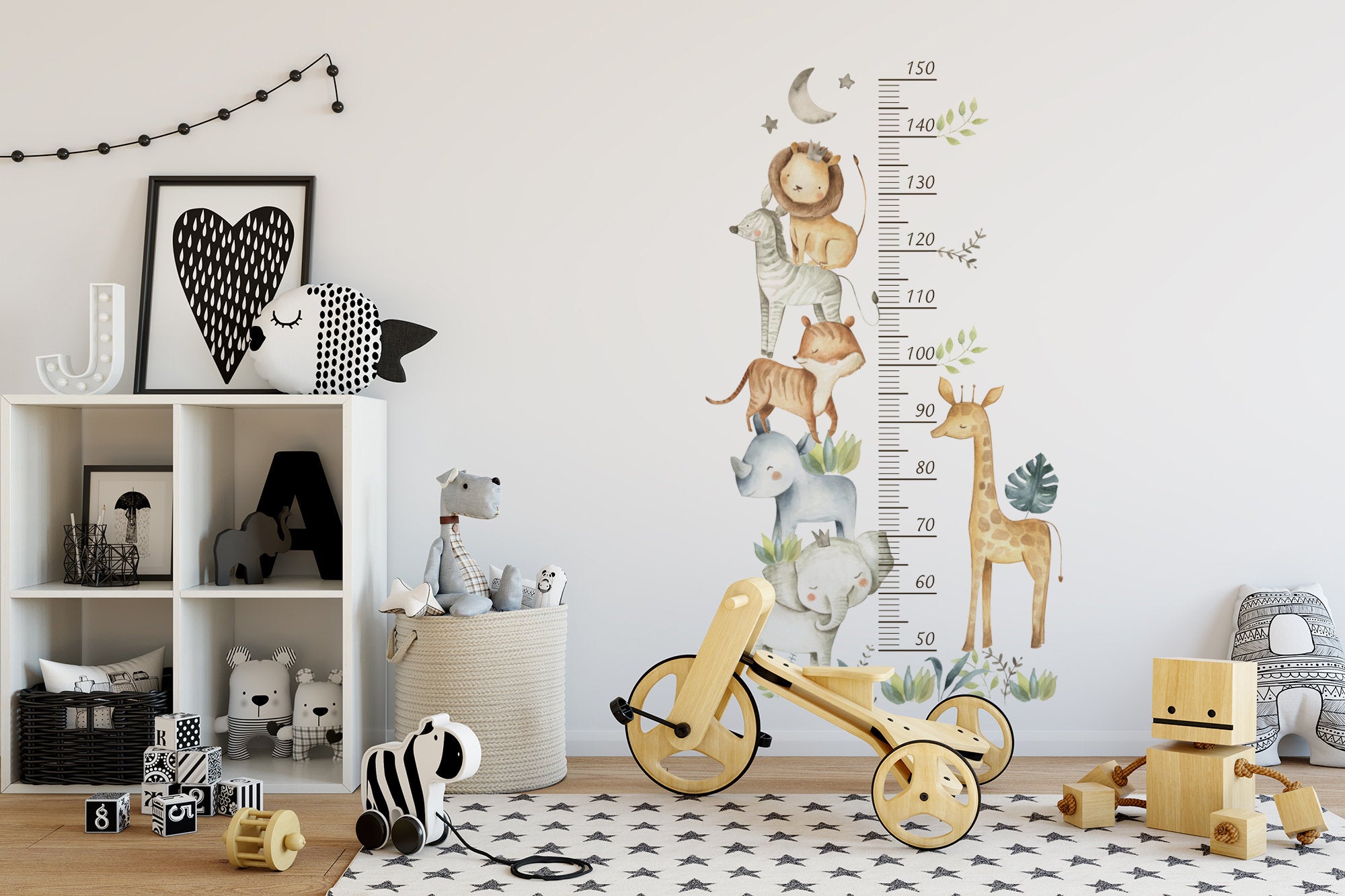 Cute Safari Animals Growth Chart Wall Decals | Jungle Ruler Wall Stickers | Nursery Self-Adhesive Wall Decor