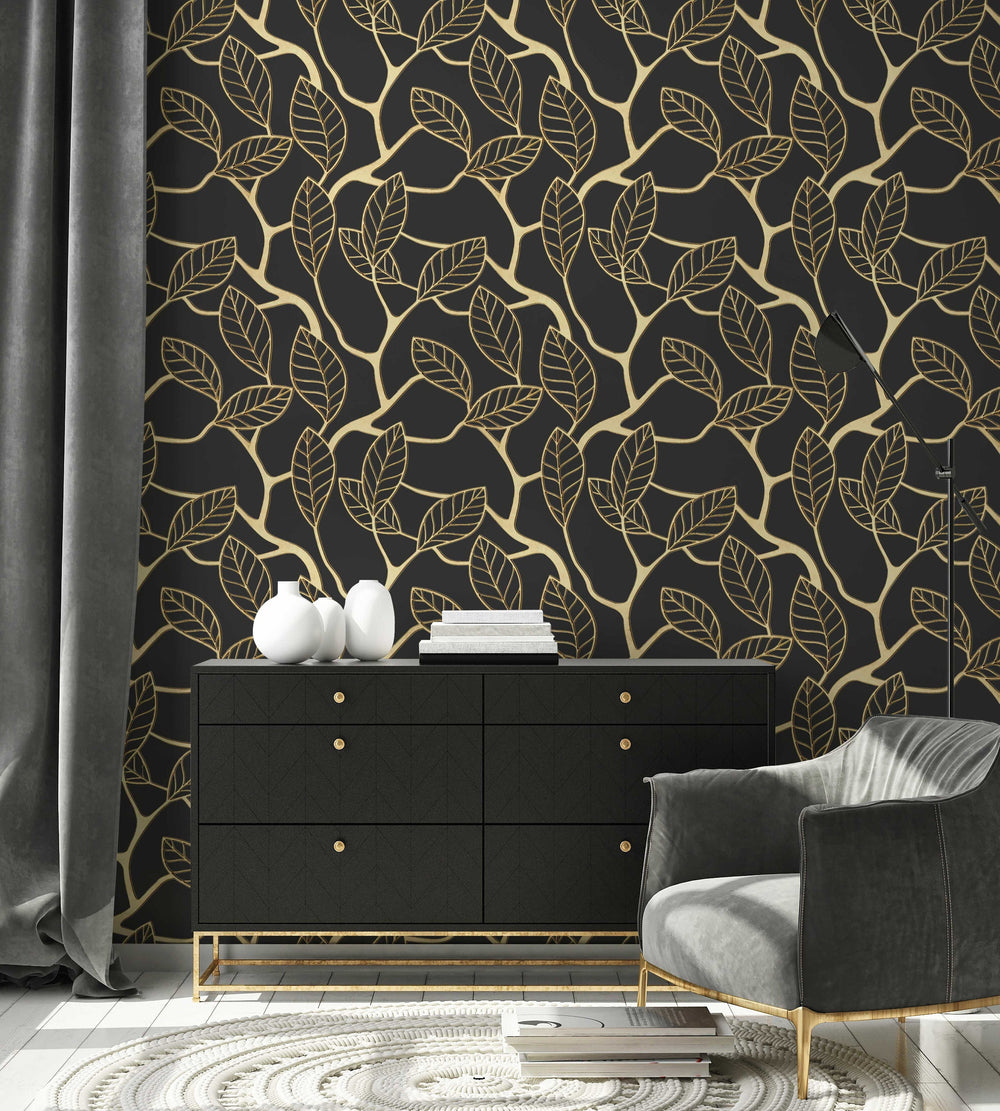 3D Gold Leaf Removable Wallpaper | Art Deco Wall Mural | Dark Art Deco Wall Decor