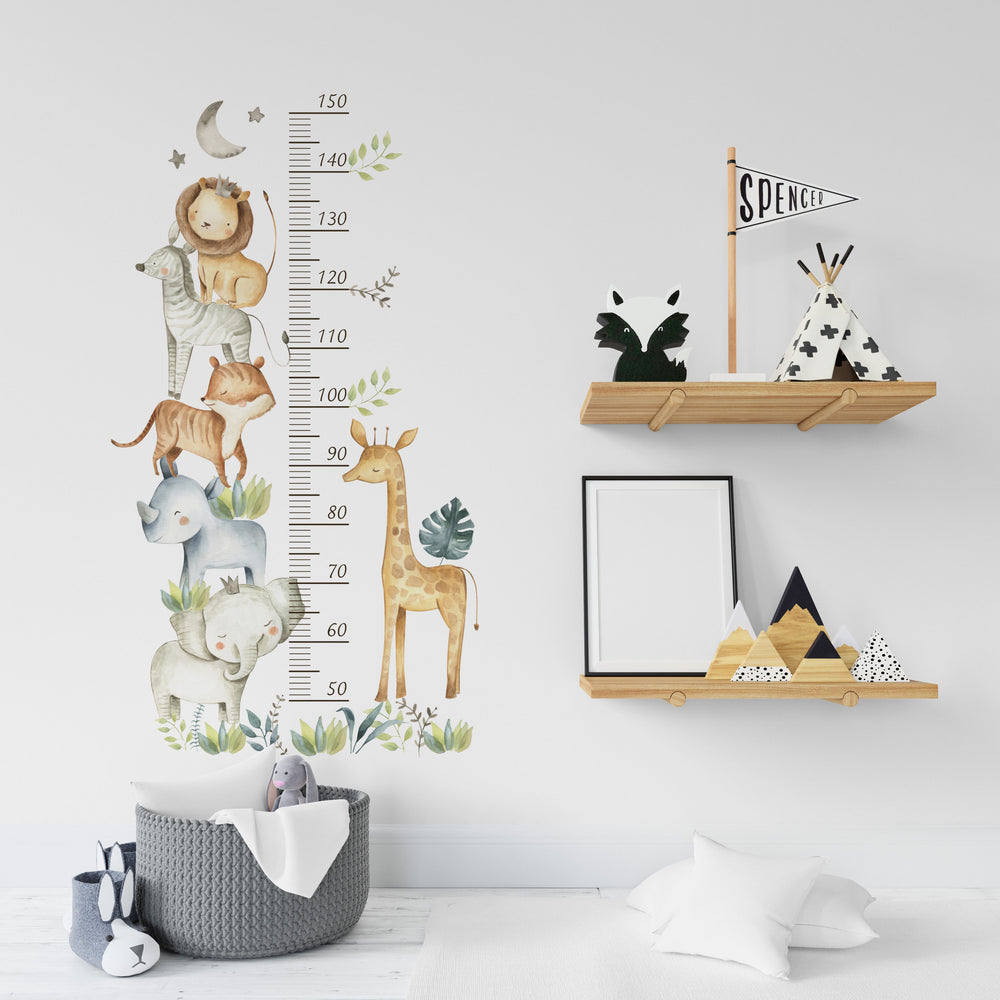 Cute Safari Animals Growth Chart Wall Decals | Jungle Ruler Wall Stickers | Nursery Self-Adhesive Wall Decor