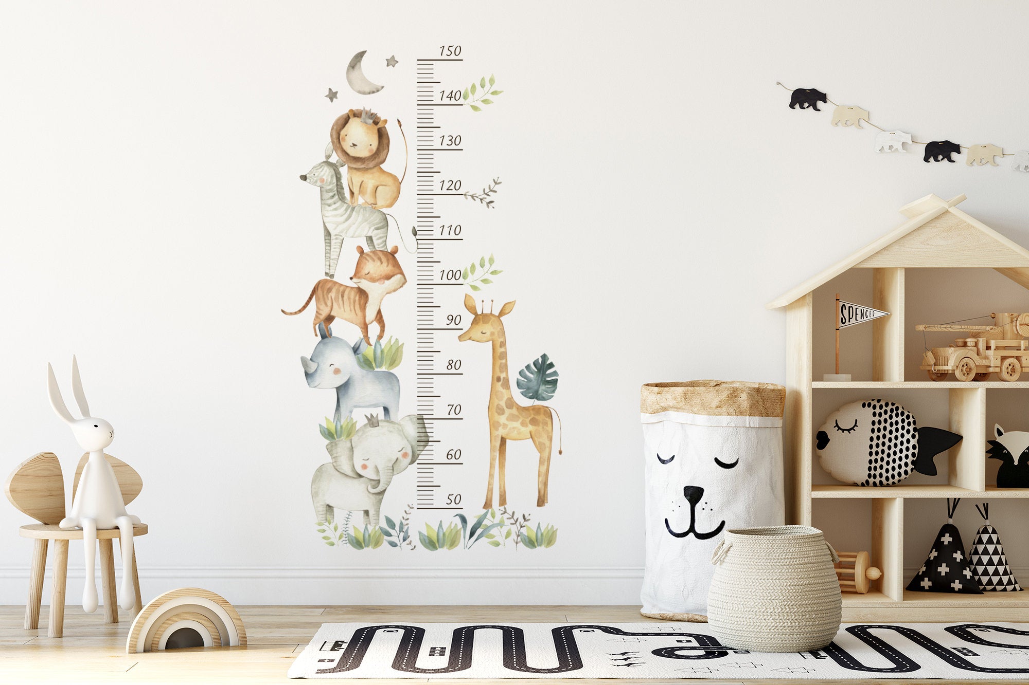 Cute Safari Animals Growth Chart Wall Decals | Jungle Ruler Wall Stickers | Nursery Self-Adhesive Wall Decor