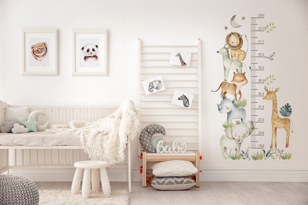 Cute Safari Animals Growth Chart Wall Decals | Jungle Ruler Wall Stickers | Nursery Self-Adhesive Wall Decor